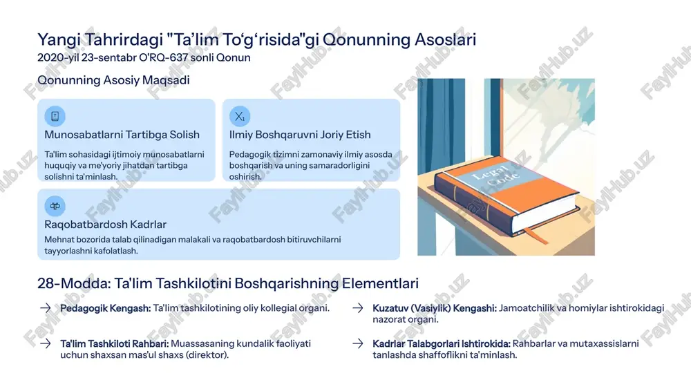 klar ta'lim tizimining strategik yo'nalishlarini belgilaydi va keng qamrovli standartlarni ta'minlaydi: yagona davlat siyosatini ro'yobga chiqarish va umumiy tamoyillarni belgilash. ta'lim muassasalariga rahbarlik va ularning faoliyatini umumiy muvofiqlashtirish. davlat ta'lim standartlari (dts) va o'quv dasturlari sifatini ta'minlash va nazorat qilish. o'qitishning ilg'or shakl va texnologiyalarini joriy etish orqali jarayonni modernizatsiya qilish. pedagog kadrlarni tayyorlash, qayta tayyorlash va ularning malakasini oshirish tizimini rivojlantirish. mahalliy organlar (hududiy boshqaruv) mahalliy organlar siyosatni bevosita amaliyotga tatbiq etish va maktablarga kundalik yordam berish uchun javobgardir: ta'lim sifatini va ta'lim muassasalari faoliyatini davlat nazoratini olib borish. ta'lim muassasalarining moddiy-texnik bazasini rivojlantirishga ko'maklashish va jihozlashni nazorat qilish. ta'lim muassasalari direktorlari va ularning o'rinbosarlarini belgilangan tartibda tayinlash va ishdan ozod etishda ishtirok etish. hududdagi ta'lim ehtiyojlarini aniqlash va ularga mos ravishda resurslarni taqsimlash. 4 maktab - murakkab pedagogik tizim sifatida maktab nafaqat bino va o'qituvchilar yig'indisi, balki o'ziga xos rivojlanish qonuniyatlariga ega bo'lgan murakkab pedagogik tizimdir. yagonalik (butunlik) …