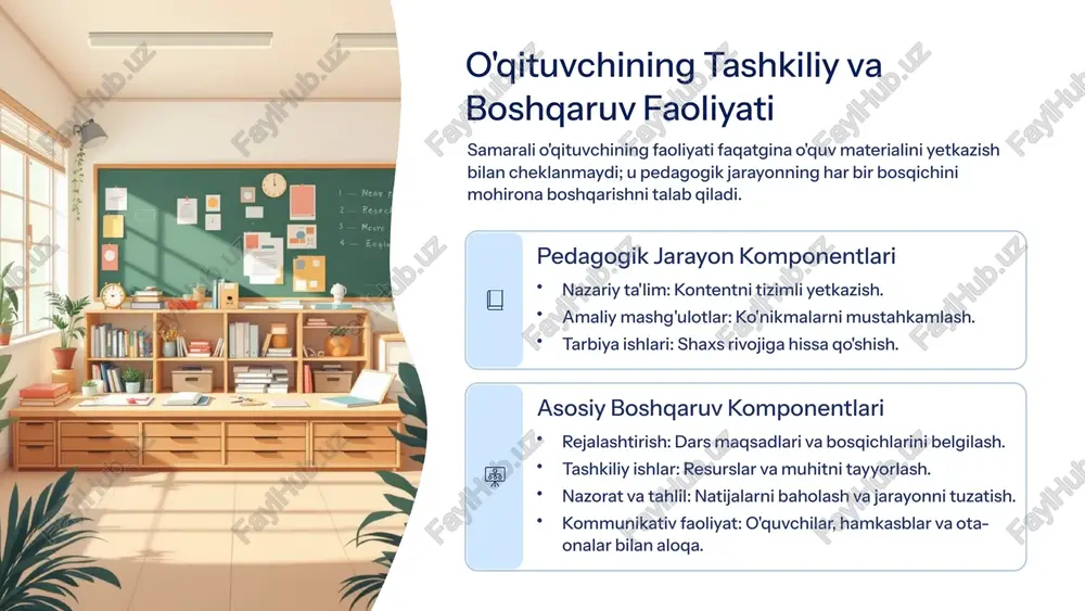 aoliyat asosida o'qituvchi va o'quvchi birgalikda muammolarni hal qiladi. hamkorlik va qiziqish uyg'otadi. tavsiya qilinadi. do'stona muloqot o'zaro hurmat, ishonch va yoqtirishga asoslangan. munosabatlarni mustahkamlaydi. tavsiya qilinadi. muloqot-masofa professional chegaralarni saqlash. kerakli, ammo yagona uslub bo'lmasligi kerak. qo'rqitish orqali salbiy psixologik ta'sir, ta'limga zarar yetkazadi va samarasiz. hazil-mutoyiba orqali yuzaki, mas'uliyatni yo'qotadi. jiddiy mavzularda noo'rin. yuqori natijalarga erishish uchun hamkorlik va do'stona muloqot turlarini ustuvor deb bilish zarur. 4 pedagogik texnika asoslari: o'zini va boshqalarni boshqarish pedagogik texnika — bu o'qituvchining o'z shaxsini va ta'lim jarayonini samarali boshqarishga yordam beruvchi usullar majmuasidir. u ikkita katta guruhga bo'linadi. o'zini boshqarish guruxi o'qituvchining shaxsiy holati, tashqi ko'rinishi va nutqini nazorat qilishni o'z ichiga oladi. mimika va pantomimika (nonverbal aloqa) his-tuyg'ularni boshqarish nutq texnikasi va diksiya ta'sir etish guruxi o'quv jamoasi va alohida shaxslarga ta'sir ko'rsatish strategiyalari. jamoa va shaxsga ta'sir usullari muloqotni boshqarish qobiliyati tashkilotchilik malakalari 5 mimika va pantomimika orqali ta'sir …