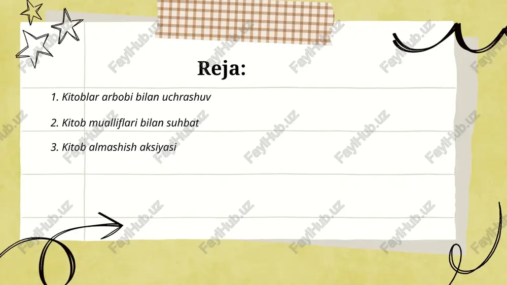 r va adabiyot olamiga chuqur kirib boradilar. haftalik davomida kamida 5 ta muallif bilan suhbat o‘tkazish rejalashtirilgan bo‘lib, har bir suhbatda o‘rtacha 60 daqiqa davomida mualliflar o‘z tajribalarini ulashadilar. bu darslar 7-11 sinf o‘quvchilari uchun mo‘ljallangan bo‘lib, o‘quvchilarni ijodiy fikrlashga undaydi. ... t.me/slaydai_bot sinfdan tashqari o‘qish darslarida “kitob haftaligi” loyihasi doirasida uchinchi kitob almashish aksiyasi tashkil etiladi. ushbu aksiyada har bir ishtirokchidan kamida bitta kitob olib kelishi talab qilinadi. maqsad – o‘quvchilar orasida kitob o‘qishni targ‘ib qilish va kitob fondini boyitish. aksiya davomida o‘quvchilar o‘zaro kitob almashtiradi, shu bilan birga har bir kitobning o‘qilishi va o‘zlashtirilishi kuzatib boriladi. ishtirokchilar soni chegaralanmagan, lekin har bir sinfdan kamida 50% o‘quvchi qatnashishi maqsadga muvofiq deb topiladi. aksiya natijalariga ko‘ra eng faol ishtirokchilar maxsus taqdirlanadi. ... t.me/slaydai_bot o`quvchilar uchun adabiy viktorina sinfdan tashqari oʻqish darslarida "kitob haftaligi" tashkil etish oʻquvchilarni adabiyotga yanada qiziqtiradi va bilim doiralarini kengaytiradi. bu haftalik davomida turli viktorinalar, adabiy quizlar …