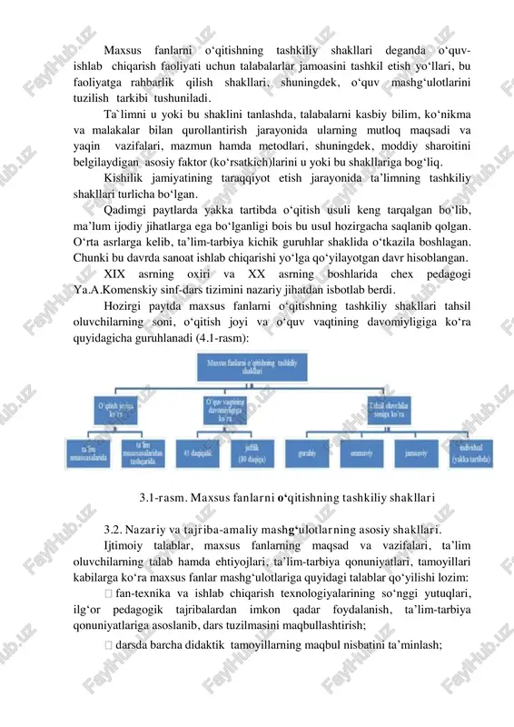 gi xosdir. ta’lim jarayoni ishtirokchilari (ta’lim beruvchi va ta’lim oluvchilar)ning ma’lum belgilangan tartibda amalga oshiriladigan hamkorlikdagi faoliyatining tashqi ko‘rinishi kasbiy ta’limning tashkiliy shaklini anglatadi. maxsus fanlarni o‘qitishning tashkiliy shakllari deganda o‘quv- ishlab chiqarish faoliyati uchun talabalarlar jamoasini tashkil etish yo‘llari, bu faoliyatga rahbarlik qilish shakllari, shuningdek, o‘quv mashg‘ulotlarini tuzilish tarkibi tushuniladi. ta`limni u yoki bu shaklini tanlashda, talabalarni kasbiy bilim, ko‘nikma va malakalar bilan qurollantirish jarayonida ularning mutloq maqsadi va yaqin vazifalari, mazmun hamda metodlari, shuningdek, moddiy sharoitini belgilaydigan asosiy faktor (ko‘rsatkich)larini u yoki bu shakllariga bog‘liq. kishilik jamiyatining taraqqiyot etish jarayonida ta’limning tashkiliy shakllari turlicha bo‘lgan. qadimgi paytlarda yakka tartibda o‘qitish usuli keng tarqalgan bo‘lib, ma’lum ijodiy jihatlarga ega bo‘lganligi bois bu usul hozirgacha saqlanib qolgan. o‘rta asrlarga kelib, ta’lim-tarbiya kichik guruhlar shaklida o‘tkazila boshlagan. chunki bu davrda sanoat ishlab chiqarishi yo‘lga qo‘yilayotgan davr hisoblangan. xix asrning oxiri va xx asrning boshlarida chex pedagogi ya.a.komenskiy sinf-dars tizimini nazariy jihatdan …