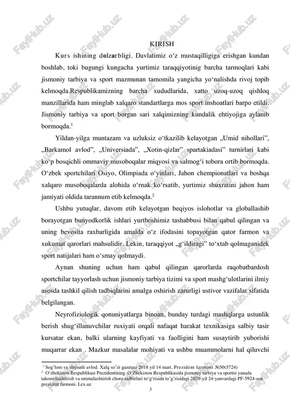 araqqiyot „g‘ildiragi” to‘xtab qolmaganidek sport natijalari ham o‘smay qolmaydi. aynan shuning uchun ham qabul qilingan qarorlarda raqobatbardosh sportchilar tayyorlash uchun jismoniy tarbiya tizimi va sport mashg‘ulotlarini ilmiy asosda tashkil qilish tadbiqlarini amalga oshirish zarurligi ustivor vazifalar sifatida belgilangan. neyrofiziologik qonuniyatlarga binoan, bunday turdagi mashqlarga ustunlik berish shug‘illanuvchilar ruxiyati orqali nafaqat harakat texnikasiga salbiy tasir kursatar ekan, balki ularning kayfiyati va faolligini ham susaytirib yuborishi muqarrar ekan . mazkur masalalar mohiyati va ushbu muammolarni hal qiluvchi 1 sog’lom va shijoatli avlod. xalq so’zi gazetasi 2018 yil 14 mart, prezident farmoni № 50(5724) 2 o‘zbekiston respublikasi prezidentining o‘zbekiston respublikasida jismoniy tarbiya va sportni yanada takomillashtirish va ommalashtirish chora-tadbirlari to‘g‘risida to’g’risidagi 2020-yil 24-yanvardagi pf-5924-son prezidrnt farmoni. lex.uz 4 muhim malumotlar boshqa bir gurux olimlar tomonidan isbotlab berilgan (a.g.furmanov, 1982; ye.k.axmeeov, 1985; m.n.jukov, v.v.kuzin, s.a.polievskiy, 2000; o.listov, 2001; m.a.kurbanova, 2006). ushbu olimlarning tavsiyasiga ko‘ra, sport malakalariga o‘rgatishda, ayniqsa dastlabki tayyorgarlik bosqichida, tanlangan sport turi …