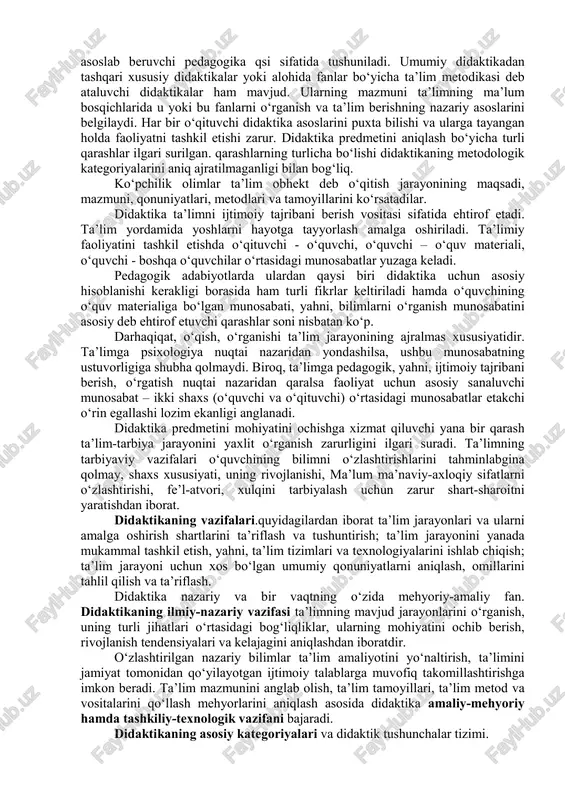 italari, natijasi, ta’lim jarayonini takomillashtirish yo‘llari va hokazo muammolar)ni o‘rganuvchi fan. bu so‘z 1613 yili germaniyada nemis pedagogi volg‘fgang ratke (1571-1635 yillar) tomonidan kiritildi. bu tushunchani shunga o‘xshash usulda buyuk chex pedagogi yan amos komenskiy (1592-1670 yillar) “buyuk didaktika” nomli mashhur asarida tilga oladi. lekin komenskiy “didaktika bu faqat ta’limgina emas, balki tarbiyalash ham”, deb ta’kidlaydi. mazkur asarda olim ta’lim nazariyasining muhim masalalari: ta’lim mazmuni, ta’limning ko‘rgazmaliligi, ketma-ketligi kabi tamoyillari, sinf-dars tizimi borasida so‘z yuritadi.didaktikaning predmeti, funksiyalari va vazifasi. pedagogika fani ta’lim va tarbiya jarayonini ularning yaxlitligi va birligi asosida o‘rganadi. ikki faoliyatning har birining mohiyatini aniq bayon etish uchun didaktika (ta’lim nazariyasi) va tarbiya nazariyasini ajratib ko‘rsatadilar. xozirgi davrda didaktika o‘qitishning mazmuni, metodlari va tashkiliy shakllarini ilmiy asoslab beruvchi pedagogika qsi sifatida tushuniladi. umumiy didaktikadan tashqari xususiy didaktikalar yoki alohida fanlar bo‘yicha ta’lim metodikasi deb ataluvchi didaktikalar ham mavjud. ularning mazmuni ta’limning ma’lum bosqichlarida u yoki bu fanlarni o‘rganish …