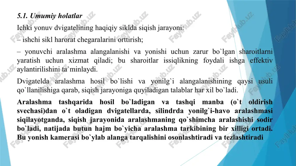 bo`lishi mumkin. real dvigatel silindrida devorlar sovitilishi tufayli adiabatik siqilish mumkin emas. shu tufayli haqiqiy siqilish jarayonida gazlar bosimi, adiabatik siqishga qaraganda, sekinroq ortadi va real dvigatelda siqilish chizig`i adiabata chizig`idan pastda joylashadi. siqilayotgan gazlardan silindr devoriga nisbatan ko`p bo`lmagan miqdorda issiqlik olib ketilishi tufayli ularning harorati ko`tarilib boradi, bosimi esa izotermik siqishdagina nisbatan tezroq ortadi. shuning uchun real dvigatelning siqish chizig`i izotermik siqish chizig`iga nisbatan yuqorida joylashadi. siqishning adiabatik va izotermik grafiklari 5.3. siqish jarayonida issiqlik almashinuvi dvigatelning haqiqiy siklida siqish jarayoni ishchi jism va dvigatel detallari orasida issiqlik almashinuvi sharoitida boradi, shuning uchun adiabatik bo`lmaydi. bu issiqlik almashinuvi murakkab tavsifga ega va uni termodinamik munosabatlar yordamida aniq ifodalash ancha qiyin. hisoblarni soddalashtirish maqsadida siqish jarayoni politropik kechadi; bunda n2 o`zgarmas o`rtacha politropa ko`rsatkichi deb qabul qilinadi. bu holda o`zgarmas ko`rsatkich n1 dagi siqish ishi o`zgaruvchi ko`rsatkichdagi ishga teng bo`lishi mumkin. rasmda siqish (ac), adiabata (be) va siqishning haqiqiy …