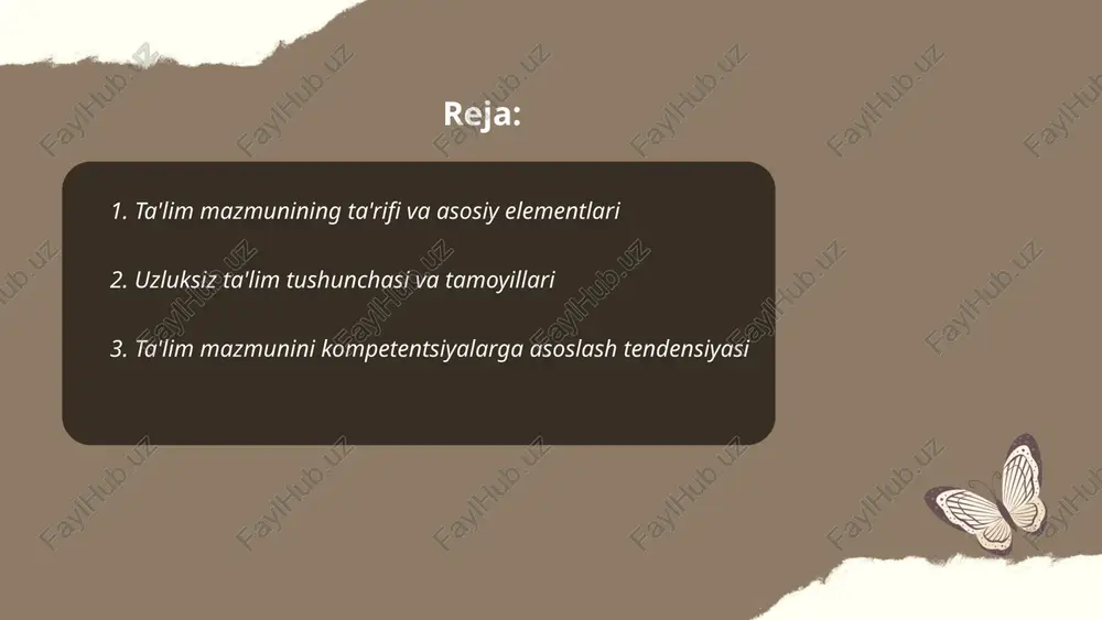 oni amaliy vazifalar orqali tashkil etilishi; 3) baholash kompetentsiyalarga asoslangan, formatif va summativ turlar bilan; 4) modullar va portfel tizimi orqali shaxsiylashtirish va uzluksiz ta'limga integratsiya. mehnat bozoriga moslik va hayotiy ko'nikmalar ustuvor. ... t.me/slaydai_bot 1. formal ta'lim: maktab, kollej, universitet kabi akkreditatsiyalangan, standartlashtirilgan o'quv rejasi va baholash tizimi. 2. noformal ta'lim: kurslar, treninglar, kasb-hunar dasturlari, sertifikatlar, moslashuvchan, ish joyi bilan bog'liq. 3. norasmiy ta'lim: oilaviy, hamjamiyatdagi tajriba, o'z-o'zini o'qitish, ijtimoiy o'rganish. 4. integratsiya: o'quv yo'llarini bog'lash, oldingi ta'limni tan olish, kreditlash, hamkorlik maktab, ish beruvchi va jamoa o'rtasida. 5. maqsadlar: uzluksiz ta'lim, bandlik, ijtimoiy inklyuzivlik. ... t.me/slaydai_bot kurikulumni modullarga bo‘lish, kredit to‘plash va stackable sertifikatlar orqali moslashuvchan qilish ta'lim davomiyligini ta'minlaydi. oldingi ta'limni tan olish rpl, kompetensiyalarga asoslangan yondashuv, shaxsiylashtirilgan o‘quv yo‘llari va 24/7 onlayn resurslar kattalar uchun kirishni osonlashtiradi. ish beruvchilar bilan hamkorlik, doimiy kasbiy rivojlanish kurslari va mikrosertifikatlar 3-12 oylik o‘qish modullari orqali uzluksiz ta'lim imkoniyatlarini kengaytiradi. …