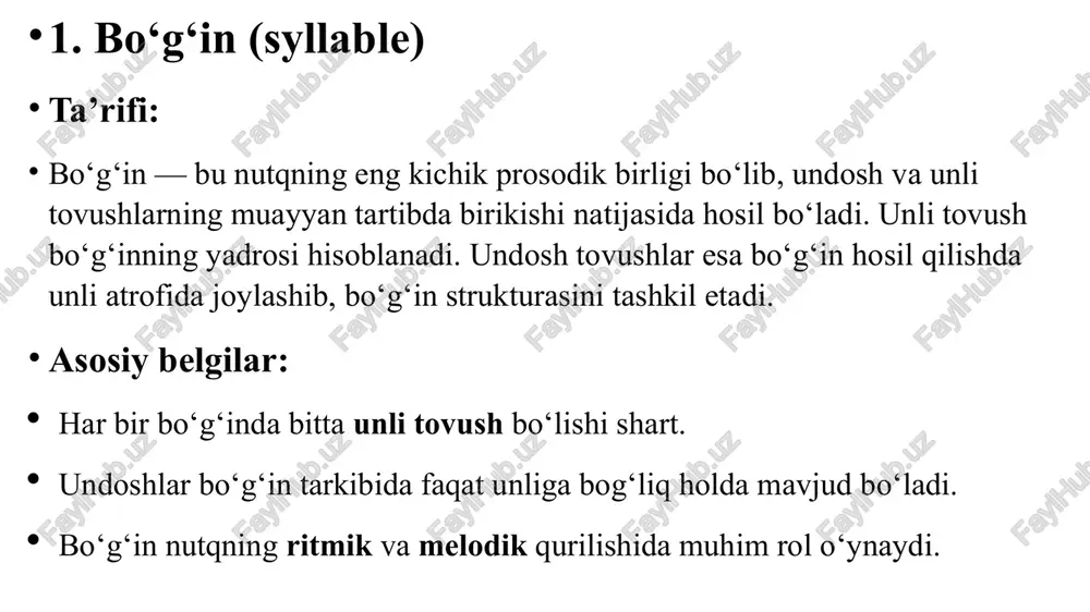 him bo‘g‘in yoki so‘zni ajratib ko‘rsatadi. ma’no farqlashga xizmat qiladi: ‘present (ot) — pre‘sent (fe’l). o‘zbek tilida esa ko‘proq gap urg‘usi ma’noni o‘zgartiradi: men uni ko‘rdim (kimni? — uni). men uni ko‘rdim (kim ko‘rdi? — men). 3. intonatsiya ta’rifi: intonatsiya — nutqning melodik, ritmik va emotsional qurilishini ifodalovchi fonetik hodisa. u ohang, temp, ritm, urg‘u va pauzalar yig‘indisidan tashkil topadi. asosiy komponentlari: melodiya (ohang) — nutqning baland-pastligi. urg‘u — muhim so‘z yoki bo‘g‘inning ajralib ko‘rsatishi. pauza — nutqda to‘xtalish. ritm — nutqning muayyan taktlarga bo‘linishi. tempi — nutqning tezligi yoki sekinligi. intonatsiyaning vazifalari: ma’no farqlash: gap turi (xabar, so‘roq, buyruq) intonatsiya bilan belgilanadi. sen kelding (xabar). sen kelding? (so‘roq). emotsional vazifa: nutqda his-tuyg‘uni ifodalaydi. voy! — hayrat, eh! — afsus. muloqot vazifasi: suhbatdoshga munosabat bildiradi. intonatsiya va til xususiyatlari: o‘zbek tilida gap intonatsiyasi odatda oxirgi so‘zdagi ohang pasayishi bilan tugaydi. ingliz tilida so‘roq gaplarda ohang ko‘tariladi, xabar gaplarda pasayadi. rus …