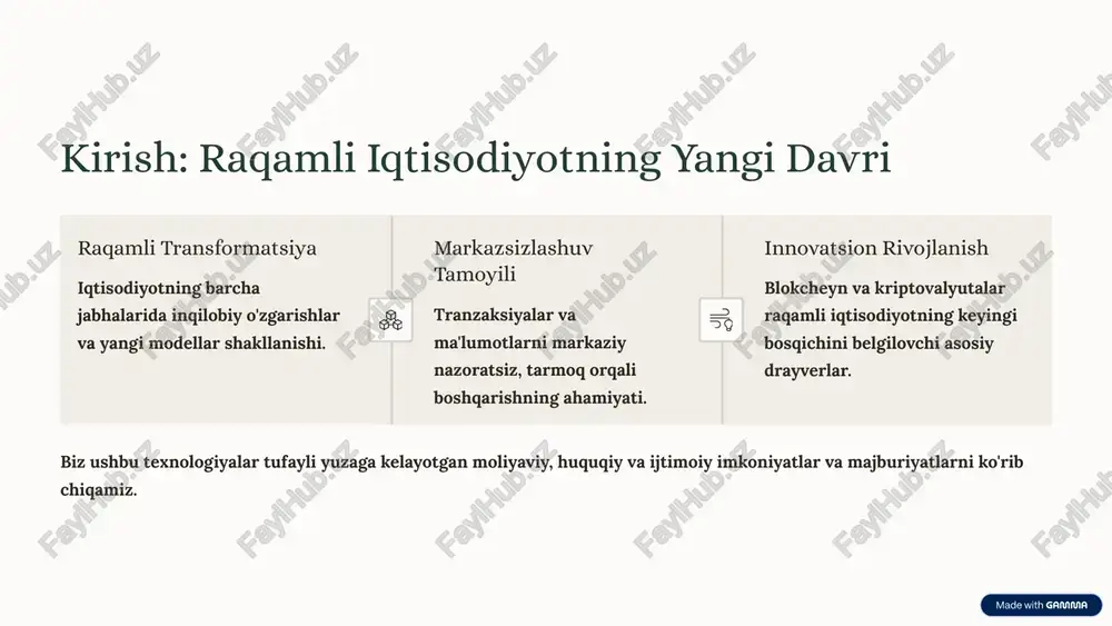 loyihalarining ichki valyutalari (defi, nft). bozor dinamikasi yuqori o'zgaruvchanlik, spekulyativ faoliyat va investor kayfiyatiga bog'liq narxlar. muhim mexanizm: kriptovalyutalar p2p (tengdoshdan tengdoshga) tarmoqlarida ishonchli vositachilarsiz ishlaydi. 4 raqamli iqtisodiyotdagi asosiy qo'llash sohalari finans (defi) bank xizmatlariga muqobil, markazsiz moliyaviy xizmatlar (kreditlash, sug'urta, investitsiya). xalqaro pul o'tkazmalarining tezligi va arzonlashuvi. ta'minot zanjiri tovarlarning kelib chiqishi, harakati va autentifikatsiyasini kuzatishda shaffoflik. qalbakilashtirishga qarshi kurash va logistika samaradorligini oshirish. energetika energiyani p2p savdosi va aqlli tarmoqlarni (smart grids) boshqarish. qayta tiklanuvchi energiya manbalarini monitoring qilish va hisob-kitobini avtomatlashtirish. davlat xizmatlari elektron ovoz berish tizimlari va shaxsiy ma'lumotlar xavfsizligini ta'minlash. kadastr va yer registrlarini o'zgarmas qilish. 5 blokcheyn va kriptovalyutalarning o'zbekiston iqtisodiyotidagi salohiyati o'zbekiston blokcheyn texnologiyasini joriy etishda mdh davlatlari orasida yetakchilardan hisoblanadi. moliyaviy inklusivlik bank xizmatlaridan foydalana olmaydigan aholi uchun moliyaviy imkoniyatlarni kengaytirish. aqlli kontraktlar shartnomalarni avtomatlashtirish, ijro etish xarajatlarini kamaytirish va huquqiy xavfsizlikni oshirish. turizm va moliya valyuta ayirboshlashni soddalashtirish, xorijiy turistlar …