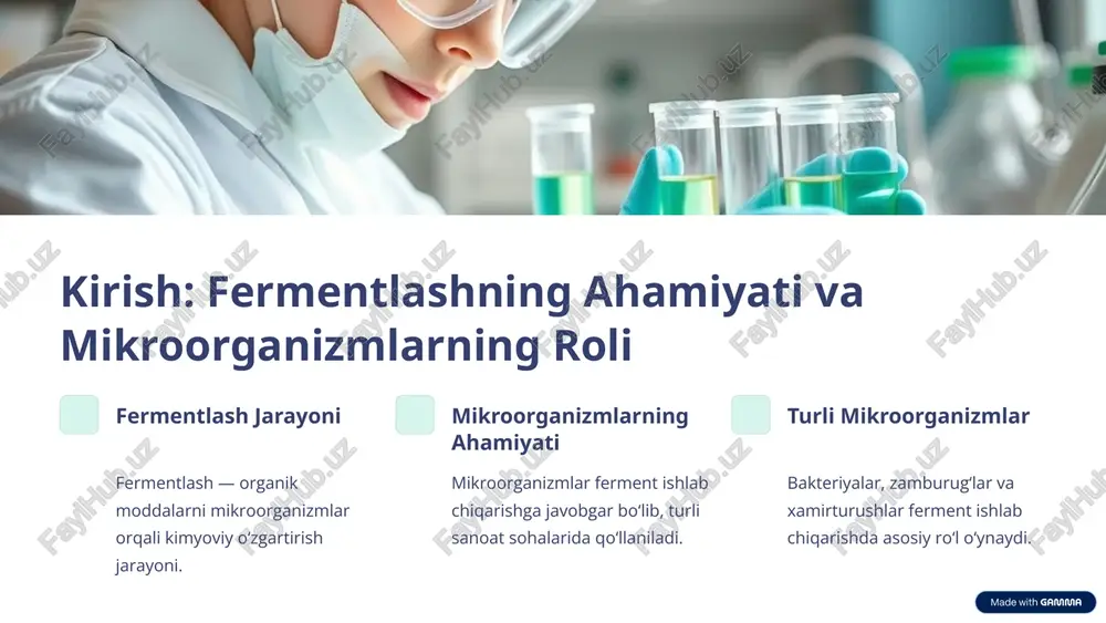 arishda ekologik va iqtisodiy jihatdan muhimdir. 4 zamburug'larning fermentativ faoliyati: achitqi zamburug'lari misoli achitqi zamburug'lari kandida va saccharomyces turlari fermentlar ishlab chiqarish jarayonida keng ishlatiladi. 1 alkogol fermentatsiyasi shakarni spirt va karbonat angidridga aylantirib, spirtli ichimliklar ishlab chiqarishda asos bo‘lib xizmat qiladi. 2 sanoat qo‘llanilishi pivo, vino va boshqa fermentlangan mahsulotlarning tayyorlanishida muhim o‘rin egallaydi. 3 5 xamirturushlarning fermentativ faoliyati: pivo va vino ishlab chiqarish pivo ishlab chiqarish xamirturush shakarni spirtga aylantirib, pivo fermentatsiyasini amalga oshiradi. vino ishlab chiqarish ushbu jarayon mevalarning tabiiy shakarlarini spirtga aylantirish orqali vino tayyorlanadi. fermentatsiya nazorati sifatni ta'minlash uchun harorat va ph nazorat qilinadi, ferment turiga qarab sharoitlar moslashtiriladi. 6 fermentlash jarayoniga ta'sir etuvchi faktorlar: harorat, ph, kislorod 1 harorat optimal harorat ferment faoliyatining yuqori samaradorligini ta'minlaydi, past yoki yuqori harorat esa jarayonni sekinlashtiradi. 2 ph darajasi mikroorganizmlar uchun muayyan ph oraligi kerak, bu fermentlarning barqarorligini saqlashda muhim ahamiyatga ega. 3 kislorod mavjudligi aerob yoki …