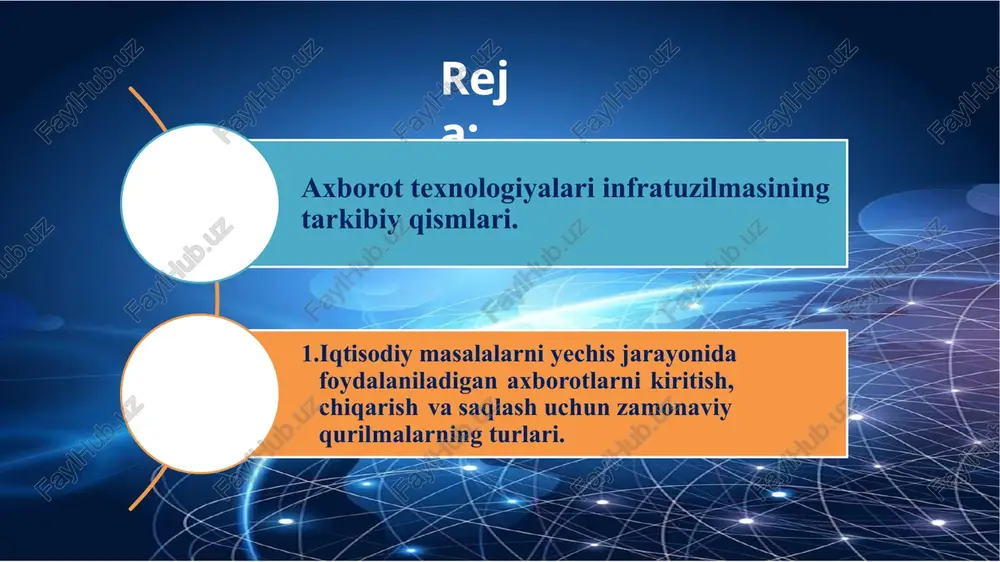 tisodiy ob'ektda amalga oshiriladi axborot texnologiyalarini maqsadi - axborot olish ma`lumotlarni qayta ishlash texnologik jarayonlarining operatsiyalari axborot texnologiyalarining vositalari – hisoblash majmualari texnologik jarayonni boshqarish- tashkilot boshqaruvi axborot texnologiyalarini predmeti - ma`lumot texnologik jarayonni optimallik mezoni – foydalanuvchilarga axborotlarni o`z vaqtida yetkazish, uning ishonchliligi, to`g`ri va to`liqligi. axborot texnologiyalarining asosiy xususiyatlari axborot texnologiyalari xususiyatlari maqsadlilik komponentlar va strukturaning mavjudligi tashqi muhit bilan o'zaro bog'liqlik butunlik o'z vaqtida rivojlanish maqsadlilik zamonaviy kompyuter texnologiyalari, ma'lumotlar bazalari, turli xil kompyuter tarmoqlarini joriy etish orqali ishlab chiqarish samaradorligini oshirishdan iborat bo'lib, bu ma'lumotlarning samarali aylanishi va qayta ishlashiga imkon beradi. tashqi muhit bilan o'zaro bog'liqlik bu axborot texnologiyalarining boshqaruv ob'ektlari, tashqi korxonalar, tashkilotlar, shu jumladan iste'molchilar va mahsulot yetkazib beruvchilari, moliya va kredit organlari va boshqalar bilan aloqalarini tashkil etishni o'z ichiga oladi. butunlik axborot texnologiyalari uning biron bir tarkibiy qismiga xos bo'lmagan muammolarni yechishga qodir bo'lgan ajralmas tizimdir. o'z vaqtida rivojlanish bu axborot …