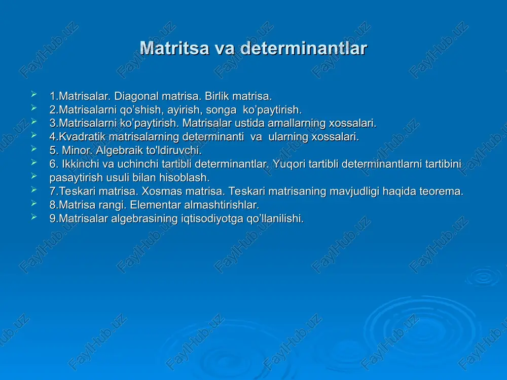 - matritsa deyiladi. matrisani songa ko’paytirish matritsani -songa ko’paytmasi deb shunday -matritsa tushuniladiki, bunda matritsa elementlari ushbu tenglik orqali aniqlanadi. xususan istalgan a matritsa uchun bo’ladi. matrisalar yeg’indisi bir xil o’lchamli va matritsalar yig’indisi deb shunday o’lchamli matritsaga aytiladiki, istalgan va lar uchun -element, tenglik orqali aniqlanadi va matritsalar yig’indisi a+v shaklda belgilanadi, ya’ni s=a+b satrlar soni m ga, ustunlar soni n ga teng bo’lgan, ta sondan tashkil topgan to’g’ri to’rtburchak shakldagi sonli jadvalga o’lchamlari bo’lgan matritsa deb ataladi. matritsalar lotin alifbosining katta harflari a, b, c, d, e bilan belgilanib, sonlar uning elementlari deb atalib, matritsaning i–satri va j-ustuni kesishmasida joylashgan elementi -ko’rinishda yoziladi. matritsalar ko’rinishda yoki qisqacha shaklda ham ifodalanishi mumkin. matritsalarni ifodalashda yoki belgilardan ham foydalaniladi. mn o`lchovli matrisa satr va ustun matrisalar birgina satrdan yoki birgina ustundan iborat matritsa vektor–satr yoki vektor-ustun deb nomlanadi, ya’ni vektor -satr, vektor-ustun kvadrat matrisa matritsa o’lchami bo’lsa, ya’ni satrlar soni …