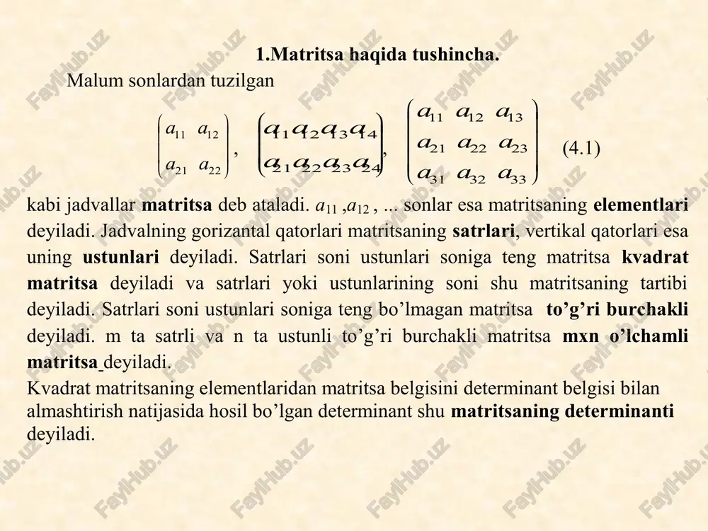 i belgilanadi. masalan a=         22 21 12 11 a a a a matritsaning determinanti a = 22 21 12 11 a a a a bo’ladi. determinanti noldan farqli kvadrat matritsa xosmas , determinanti nolga teng kvadrat matritsa xos matritsa deyi ladi. masalan: a =         8 6 4 3 matritsa xos matritsa chunki a = 8 6 4 3 =24 - 24=0 , v =         5 1 2 3 esa xosmas matritsa chunki v = 5 1 2 3 =15 - 2=13  0 2.matritsalarning tengligi. bir xil o’lchamli a va v matritsalarning barcha mos elementlari o’zaro teng bo’lganda ular teng ( a = v ) deb ataladi. masalan: a=         23 22 21 13 12 11 a a a …