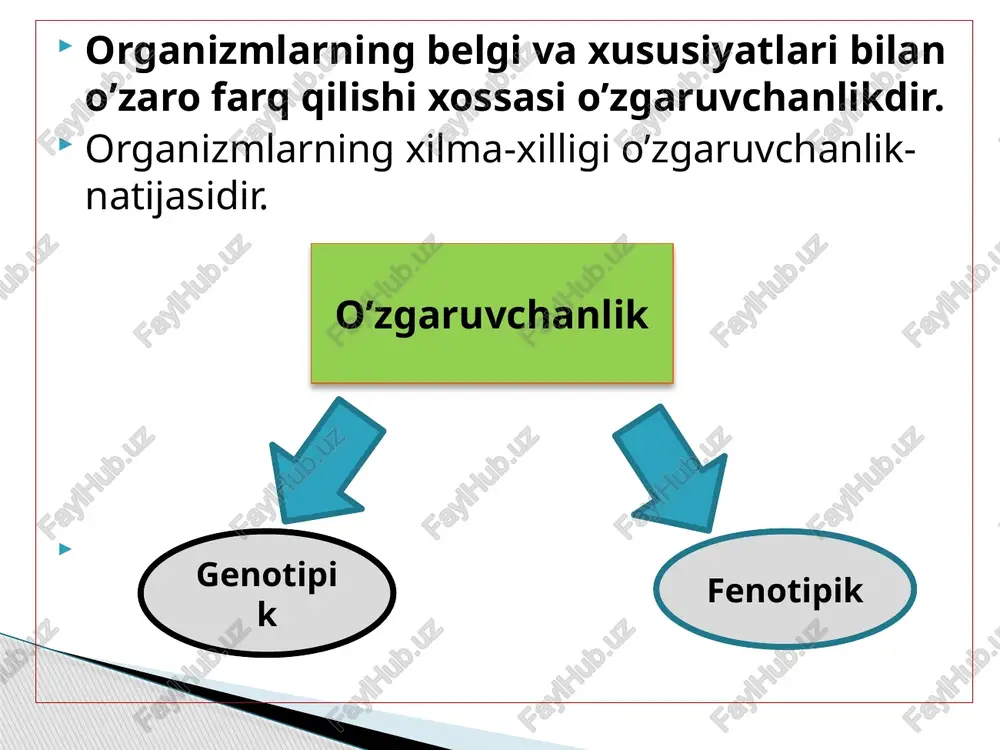 gen mutatsiyasi 1)dominant 2)retsessiv dominant mutatsiyalarga polidaktiliya (ortiqcha barmoqlilik), katarakta (ko‘z shoxpardasining xiralashuvi), braxidaktiliya (kalta barmoqlilik) kabilar misol bo‘ladi. geterozigota organizmda paydo bo‘lishiga qarab ikkiga bo‘linadi: polidaktiliya katarakta retsessiv mutatsiyalarga gemofiliya daltonizm albunizim spontan va indutsirlangan mutatsiyalarga ajratiladi. spontan mutatsiyalarni keltirib chiqaruvchi sabab aniq emas, ular o‘z-o‘zidan paydo bo‘ladigan mutatsiyalardir. atrof-muhitda mutagen omillar ko‘p bo‘lsa, ular spontan mutatsiyalarni bir necha martaga oshirib yuboradi. indutsirlangan mutatsiyalar (keltirib chiqarilgan mutatsiyalar) inson tomonidan ma’lum maqsadlarda hosil qilinadi. bunday mutatsiyalarni keltirib chiqaruvchi mutagenlar 3 guruhga ajratiladi: fizik (radioaktiv nurlar, rentgen nurlari, harorat); kimyoviy (organik va anorganik moddalar); biologik (viruslar, toksinlar). mutatsiyalarning kelib chiqish sabablariga ko‘ra: irsiyatga berilishiga qarab: generativ va somatik mutatsiyalar farq qilinadi. generativ mutatsiyalar, ya’ni jinsiy hujayralarda sodir bo‘ladigan va nasldan naslga o‘tadigan mutatsiyalardir. tabiati bo‘yicha generativ mutatsiyalarning somatik mutatsiyalardan farqi yo‘q, chunki ikkalasi ham xromosomalar strukturasining o‘zgarishi natijasida kuzatiladi. lekin yuzaga chiqish xususiyati, tabiatda va seleksiyadagi roli bilan farq qiladi. har …