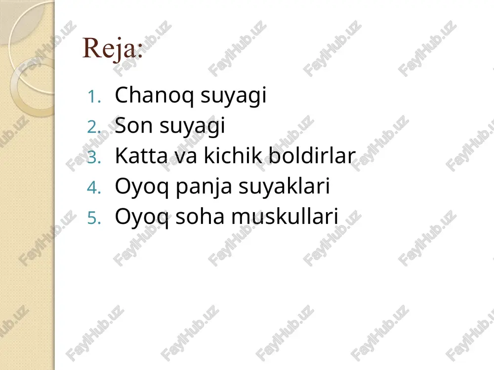 a qismiga paralel joylashgan. boshqalardan qisqa pastki dumba chizig’i (linea glutea inferior) yuqorigi va ostki oldingi yonbosh o’simtalarining o’rtasidan boshlanib, ravoq shaklida sirka kosachasi ustidan o’tib katta o’tirg’ich o’ymasigacha boradi. qanotning ichki botiq yuzasida yonbosh chuqurchasi (fossa iliaca) bor. uni pastki tomondan ravoqsimon chiziq (linea arcuata) chegaralab turadi. bu chiziq quloqsimon yuzaning (facies auricularis) oldingi chekkasidan boshlanib, yonbosh-qov tepaligiga o’tib ketadi. bu yuza dumg’aza suyagining shu nomli yuzasi bilan bo’g’im hosil qiladi. quloqsimon yuzaning ustida bo’g’imlararo boylamlar birikadigan yonbosh bo’rtig’i (tuberositas iliaca) joylashgan. qov suyagi (os pubis) sirka kosachasini oldingi qismini hosil qiluvchi kengaygan tanasi (corpus ossis pubis) va ikki: qov suyagining yuqorigi shoxi (ramus superior ossis pubis) va pastki shoxidan (ramus inferior ossis pubis) iborat. yuqorigi shox suyak tanasidan oldinga qarab yo’nalgan bo’lib, unda yonbosh va qov suyaklarining birikkan chiziqda joylashgan yonbosh-qov tepaligi (eminentia iliopubica) bor. yuqori shoxning medial uchiga yaqin joyda qov bo’rtig’i (tuberculum pubicum) bor. yuqori shoxning …