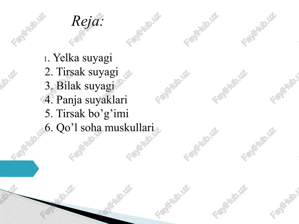 i egati (sulcus nervi ulnaris) o’tadi. yuqori tomonga ichki o’simta ichki o’simta qirrasi (crista supracondularis medialis) bo’lib, yelka suyagining ichki qirrasiga davom etadi. tashqi o’simta yuqoriga qarab tashqi o’simta qirrasinini (crista supracondularis lateralis) hosil qilib, yelka suyagining tashqi qirrasiga o’tib ketadi. yelka bo'g'imi - articulatio humerini hosil qilishda yelka suyagining boshchasi va kurak suyagining cavitas glenoidalis bo'g 'im chuqurchasi qatnashadi.yelka bo'g'imi sohasida lig. coracohumerale boylami joylashgan. bo'g'im kapsulasi bo'ylab yelka boylami - lig. glenohumeralia va ko'ndalang tutam boylamlari lig. transversum ni ajratish mumkin. yelka bo'g'imi - articulatio humeri ni hosil qilishda yelka suyagining boshchasi va kurak suyagining cavitas glenoidalis bo'g 'im chuqurchasi qatnashadi.yelka bo'g'imi sohasida lig. coracohumerale boylami joylashgan. bo'g'im kapsulasi bo'ylab yelka boylami - lig. glenohumeralia va ko'ndalang tutam boylamlari lig. transversum ni ajratish mumkin. tirsak bo'g'imi - articulatio cubiti articulatio cubiti murakkab bo'g'im bo'g'im joylashadi: 1) art. humeroulnaris; 2) art. humeroradialis; 3) art. radioulnaris proximalis. 1. art. humeroulnaris …