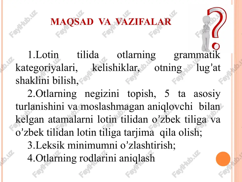 rlanish ductus, us m - oqim genu, us n - tizza v turlanish facies, ei f - yuza leksik minimum i turlanish otlari ala, ae f – qanot vena, ae f - vena aorta,ae f – aorta vertebra, ae f - umurtqa arteria, ae f – arteriya patella, ae f - tizza qopqog’i concha, ae f - chig’anoq sutura, ae f - chok costa, ae f – qovurg’a tuba, ae – nay, truba crista, ae f – qirra bucca, ae f - lunj lamina, ae f – plastinka gingiva, ae f - milk lingua, ae f – til lingula, ae f - tilcha orbita, ae f – ko’z kosasi papilla, ae f - so’rg’ich linea, ae f - chiziq protuberantia, ae f – bo’rtiq scapula, ae f - kurak pulpa, ae f - yumshoq modda,et ii turlanish otlari angulus, i m – burchak digitus, i m – barmoq brachium, i …
