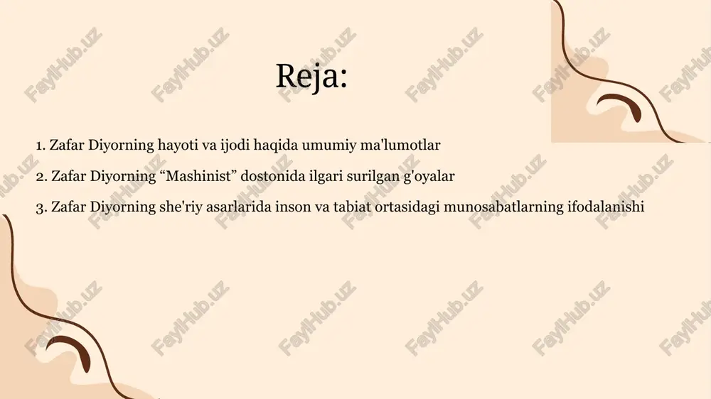'lgan munosabatini o'rganadi. bu asar, zamonaviy hayotdagi muammolar va insoniyatning kelajagi haqida o'ylashga undaydi. dostonning muhim g'oyalari doston, inson va texnologiya o'rtasidagi murakkab munosabatlarni ko'rsatadi. mashina va inson o'rtasidagi o'zaro ta'sir, mehnat jarayonida qanday o'zgarishlar yuz berishini ifodalaydi. buning natijasida insoniyatning kelajagi qanday bo'lishi mumkinligi haqida savollar tug'iladi. mashinist dostonining ta'siri bundan tashqari, doston, zamonaviy texnologiyalar va insoniyatning kelajagi haqida o'ylashga undaydi. bu, o'z navbatida, jamiyatdagi ijtimoiy o'zgarishlarga olib kelishi mumkin. zafar diyorning asarlari, inson va tabiat o'rtasidagi muvozanatni saqlashga chaqiradi. u, tabiatni hurmat qilish va uni asrashning ahamiyatini ta'kidlaydi. doston, insonning mehnatga bo'lgan munosabatini o'zgartirishga yordam beradi. u, mehnat jarayonida insoniylik va tabiatni birlashtirish zarurligini ko'rsatadi. inson va tabiat o'rtasidagi aloqalar zafar diyorning she'riy asarlarida inson va tabiat o'rtasidagi munosabatlar chuqur ifodalanadi. u tabiatni inson hayotining ajralmas qismi sifatida ko'radi. uning asarlarida tabiat insonning his-tuyg'ularini, orzularini va hayotiy tajribalarini aks ettiradi. diyor, tabiatning go'zalliklari va qiyinchiliklarini birgalikda ko'rsatadi, bu …