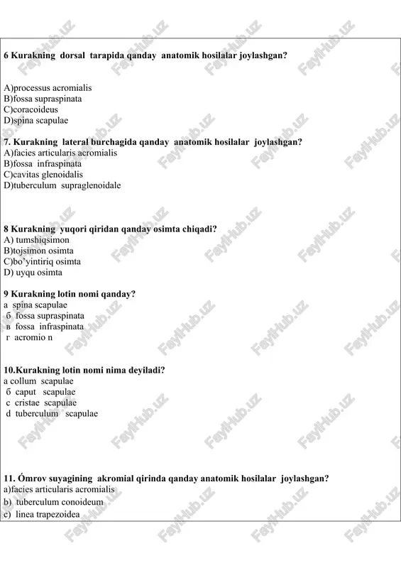 simon yadro 14.kurakning qirralarin kórsating? a) pastki (margo inferior), lateral (margo lateralis), yuqori (margo superior) b)pastki (margo inferior), lateral (margo lateralis),medial (margo medialis) c) yuqori (margo superior), pastki (margo inferior), lateral (margo lateralis) d)medial (margo medialis), lateral (margo lateralis), yuqori (margo superior) 15.kurakning qanday ósiklari bor? a)qóshimcha (processus accesorius) b)akromion (acromion) tumshuqsimon ósik (processus coracoideus) c)kóndalang va ótkir qirli ósik d)tojsimon ósik (processus coronoideus) 16. ómrov (clavicula) qanday qismlardan turadi a) tanasi, akromial uchi, sternal uchi b) asosi, boshchasi, tanasi c) uch qıri, uch burchakligi, ikki yuzasi d) proksimal uchi, tanasi, distal uchi 15. tugri javoblarni kórsatińg, omrov (clavicula): a) elka kamari suyaklari tósh uchi (extremitas sternalis) va akromial uchina (extremitasacromialis) ega b) s shakldagi yassi suyak c) o'sik - akromion (acromion vatana) d) anatomic boyin va xirurgik boyin 18. kurakda elka suyagi bilan birigiwshl buwin oyiqshasi qaerda joylashqan? a)akromionda b) kuraknin’ joqargi muyashida s) tumsiq simon usikta d)kuraknin’ lateral …