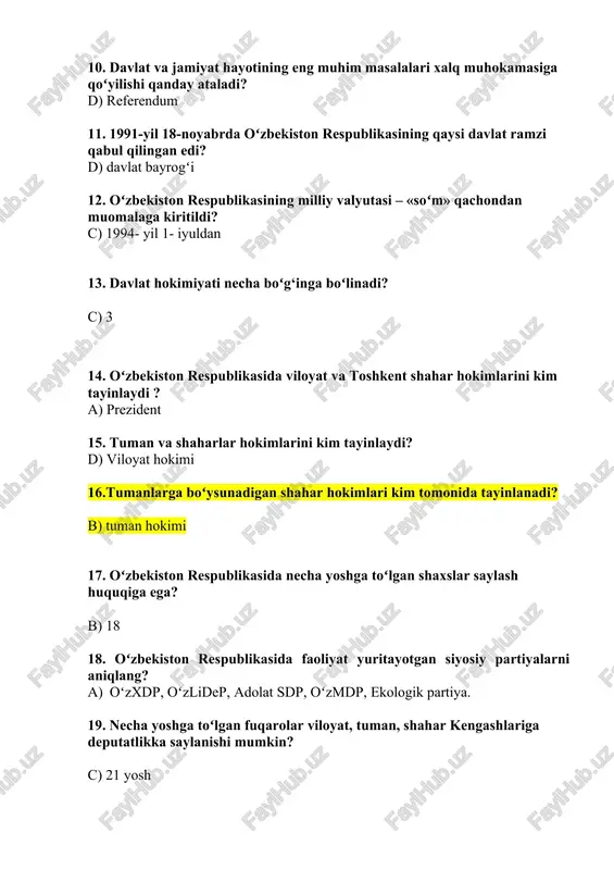 iga deputatlikka saylanishi mumkin? c) 21 yosh 20. oʻzbekiston respubikasida bosh vazir virtual qabulxonasi va prezident xalq qabulxonalari nechanchi yilda tashkil etildi? a) 2016-yilda 21. yurtimizda “xalq bilan muloqot va inson manfaatlari yili” deb e’lon qilingan yilni aniqlang. b) 2017-yil 22. 1991-yilda yurtimizda qaysi allomaning 550 yilligi nishonlangan edi? a) alisher navoi 23. yurtimizda ahmad al-fargʻoniyning 1200 yillik yubileyi qachon nishonlangan edi? b) 1998-yilda 24. yurtimizda imom al-buxoriyning 1225 yillik yubileyi qachon nishonlangan edi? c) 1998-yilda 25. oʻzbekiston respublikasining birinchi prezidenti i.karimov farmoni bilan xorazm fanlar akademiyasi (ma’mun akademiyasi) qachon qayta tiklangan edi? a) 1997-yilda 26. toshkentda “shahidlar xotirasi” majmui qachon ochildi? b) 2000-yil 12-mayda 27. toshkentda temuriylar tarixi davlat muzeyi qachon ochildi? c) 1996-yil 18 oktabr 28. jaloliddin manguberdi tavalludining 800 yilligi qachon nishonlandi? a) 1999-yilda 29. siyosiy partiya — bu? a) fuqarolarning eng faol, mushtarak mafkura asosida bog‘langan, davlat hokimiyatini qoʻlga kiritish, uni saqlab qolish va amalga oshirishga …