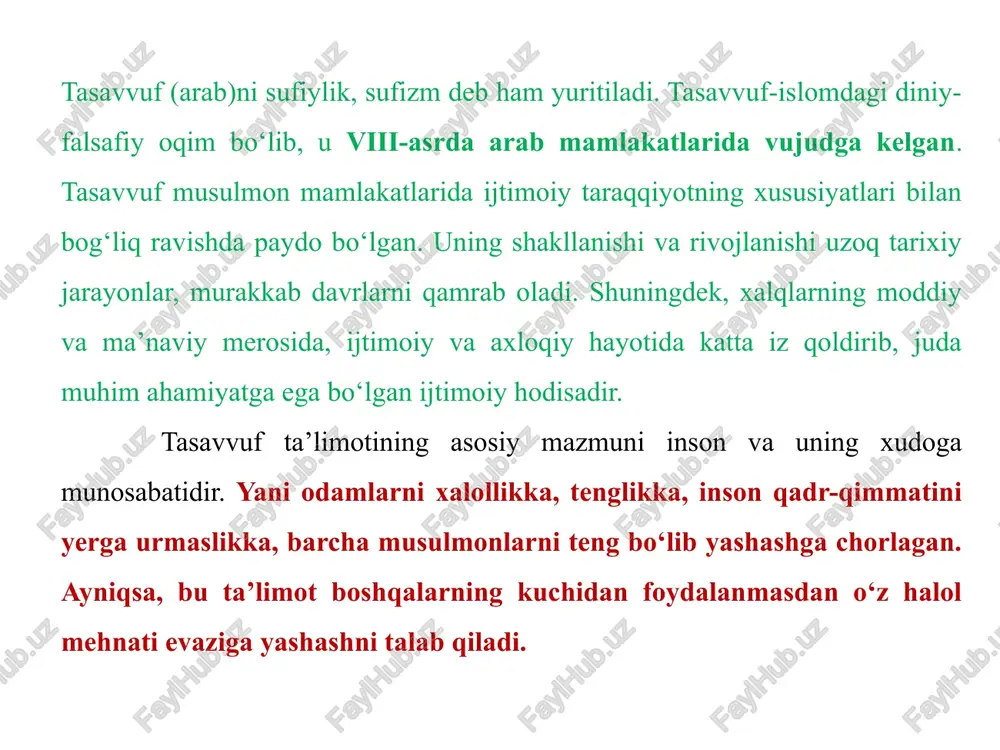 ashkil etadi. diniy qadriyatlarning manbalari esa qur’oni karim, hadisi shariflar, tavsirlar, shariat ahkomlarida o’z ifodasini topgan. islomiy merosimizning muhim qismini irfoniy meros bo’lmish tasavvuf ta’limoti va qadriyatlari, xususan bu ta’limotning yo’nalishi vatanimiz-turkistonda shakllanib, endilikda butun jahonga tarqalgan jahon ma’naviy madaniyati, umuminsoniy qadriyatlari taraqqiyotiga juda katta hissa qo’shgan uch buyuk tasavvufiy tariqatlar: yassaviya, kubroviya va naqshbandiya tasavvuf tariqatlari tashkil etadi. zohidlik asosiga qurilgan bu ta’limot hayotiy muammolar bilan bog‘liq bo‘lgan ilohiy haqiqatga erishish bosqichma – bosqich amalga oshadi, degan g‘oyani ilgari suradi. bular 4 bosqichdan iboratdir. chunonchi-shariat, tariqat, ma’rifat va haqiqat. har bir bosqichning murakkab talablari inson umrini tamomila qamrab oladi. ularning mazmuni quyidagicha: shariat – islom marosimlarini, shariatning amaliy talablari, qonun-qoidalarini bilish va ularga sidqidildan rioya qilish; tariqat-sufiy tomonidan «vosil bo‘lish» uchun tanlangan yo‘l. bu yo‘lni tanlagan sufiy o‘z piri amallariga ergashgan holda nafsni tiyish, komillik yo‘liga o‘tishga intiladi; ma’rifat-sufiy tomonidan allohni tanish va uni qalbdan bilishdir. alloh sifatlarini bilishga …
