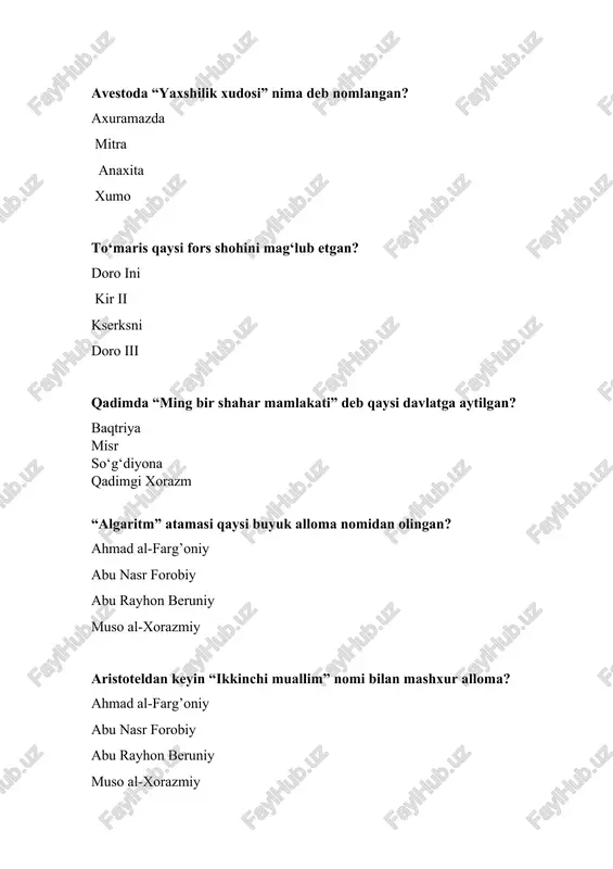 u lug’otit-turk tasavvurida fozil odamlar shahrini ko‘ra olgan o‘rta asr mutafakkiri to‘g‘ri ko‘rsatilgan javobni belgilang? abu nasr farobiy beruniy ibn sino xorazmiy alloma burhoniddin marg‘inoniyning buyuk asari? hidoya zij hamsa osorul boqea o‘rta asr ulug‘ allomalaridan biri abu rayhon beruniyga homiylik qilgan, yuksak ehtirom ko‘rsatgan g‘aznaviy hukmdor kim? sulton mahmud. sulton sanjar. ma’mun ibn ma’mun. sabuqtegin. amir temur qaysi turkiy urug‘dan? kenegas ming barlos mang’it amir temur sarbador yetakchilaridan kimning hayotini saqlab qolishga muvaffaq bo‘ladi? abu bakrni. madrasa mullasi mavlonzodani. ibn hurdakni. xusaynni quyidagi qaysi fikr buyuk sohibqiron amir temurga tegishli? tarixiy xotirasiz kelajak yo‘q. vatan -sajdagoh kabi muqaddasdir. kuch adolatdadir. tarix millatning ko‘zgusidir. sarbadarlar harakati qayerda boshlangan? movaraunnahrda. buxoroda. samarqandda. nishopurda amir temur harbiy yurishlari natijasida nechta davlatni bosib olgan? 30 ta davlatni birlashtirgan. 29 ta davlatni birlashtirgan. 22 ta davlatni birlashtirgan. 27 ta davlatni birlashtirgan. amir temur hukmronligi davrida samarqandga kelgan ispan elchisi kim edi? rui gonzales de …
