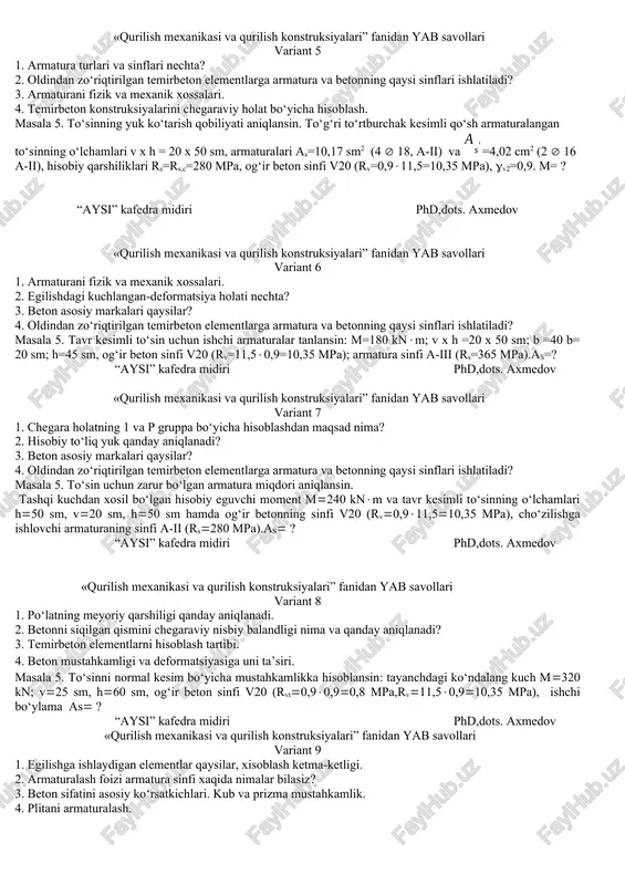 lsin: m=450 knm, h=75 cm; v=30 sm; a=4 sm; og‘ir beton sinfi v20; v2=0,9, rv=11,50,9=10,35 mpa: =0.85. armatura 6 25 a-iii, as=29,45 sm2; rs=365 mpa; sr=rs=365 mpa.madm= ? “aysi” kafedra midiri phd,dots. axmedov «qurilish mexanikasi va qurilish konstruksiyalari” fanidan yab savollari variant 4 1. beton deformatsiyasining turlari va ular qanday aniqlanadi? 2. temirbetonni afzalliklari va kamchiliklari nimalardan iborat? 3. temirbeton konstruksiyalarining kuchlanish-deformatsiyalanish holatining uch boskichi 4. oldindan zo‘riqtirilgan temirbeton konstruksiyalarining moxiyati. masala 5. to‘sin uchun armaturalar tanlansin. to‘sinning ko‘ndalang kesim o‘lchamlari v=30 sm, h=60 sm bo‘lib, tashqi hisobiy eguvchi moment m=7,00 knm. to‘sin v30 sinfdagi og‘ir betondan tayyorlanadi (rv=0,917=15,3mpa) v2=0,9. armatura sinfi a-ii (rs=rsc=280 mpa). v= 65sm, h=10 cm as= ? “aysi” kafedra midiri phd,dots. axmedov «qurilish mexanikasi va qurilish konstruksiyalari” fanidan yab savollari variant 5 1. armatura turlari va sinflari nechta? 2. oldindan zo‘riqtirilgan temirbeton elementlarga armatura va betonning qaysi sinflari ishlatiladi? 3. armaturani fizik va mexanik xossalari. 4. …