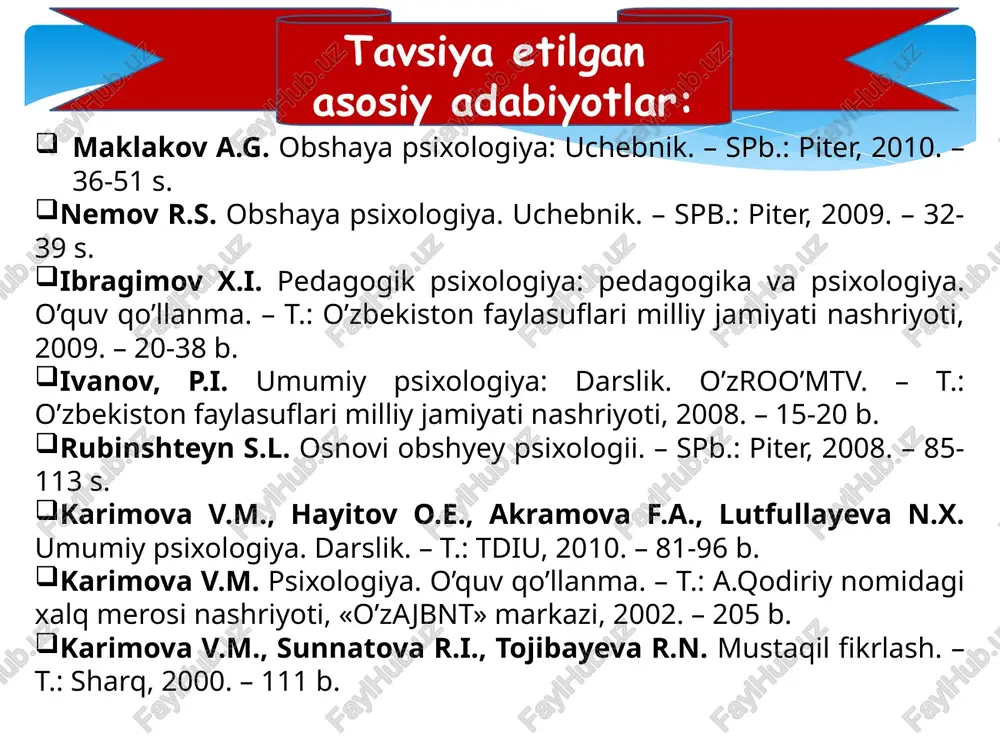 krlar bilan band bo’ladi. ularni tartibga solish, keragiga diqqatni qaratish, ichki yoki tashqi nutq vositasida uni yechish – fikrlash jarayonidir psixika psixik jarayonlar bilish jarayonlari tafakkur insayt – oydinlashuv … muammoning yechimi ba’zan birdan, yorqin yulduzday yarq etib paydo bo’ladi. bunday psixologik holat psixologiyada insayt – oydinlashuv deb ataladi hayot mobaynida o’qiganlarimiz, ma’lum shart-sharoitlarda konkret dalillar va nazariy bilimlar asosida mushohada qilgan bilim va g’oyalarimiz asosida yuritgan fikrlash jarayoni nazariy tafakkurdir. undan farqli amaliy tafakkur bevosita hayotda va harakatlarimiz mobaynida hosil bo’lgan fikrlarimizga asoslanadigan tafakkurimizdir. tafakkur turlari... ko’rgazmali-harakat tafakkuri amaliy tafakkurga mohiyatan yaqin bo’lib, uning xususiyati shundaki, u ham odamning real predmetlar xususiyatlarini o’rganish, ko’z bilan ko’rib, bevosita his qilish paytidagi fikrlash jarayonini nazarda tutadi. ko’rgazmali-obrazli tafakkur esa ko’rgan-kechirgan narsalar va hodisalarning konkret obrazlari ko’z oldimizda gavdalangan chog’da ularning mohiyatini umumlashtirib, bilvosita aks ettirishimizdir. tafakkur turlari... mantiqiy tafakkur – bu mavhum tafakkur bo’lib, so’zlar, so’zda ifodalangan bilim, g’oya va tushunchalarga …