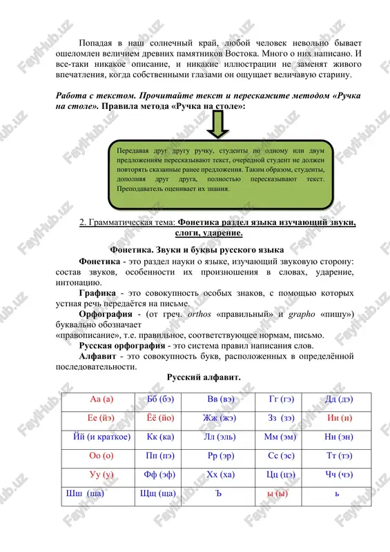 y, prikosnuvshis chuvstvom gordosti za svoyu rodinu, vnesyot vklad v eyo rastsvet. popadaya v nash solnechniy kray, lyuboy chelovek nevolno bivaet oshelomlen velichiem drevnix pamyatnikov vostoka. mnogo o nix napisano. i vse-taki nikakoe opisanie, i nikakie illyustratsii ne zamenyat jivogo vpechatleniya, kogda sobstvennimi glazami on oshushaet velichavuyu starinu. rabota s tekstom. prochitayte tekst i pereskajite metodom «ruchka na stole». pravila metoda «ruchka na stole»: peredavaya drug drugu ruchku, studenti po odnomu ili dvum predlojeniyam pereskazivayut tekst, ocherednoy student ne doljen povtoryat skazannie ranee predlojeniya. takim obrazom, studenti, dopolnyaya drug druga, polnostyu pereskazivayut tekst. prepodavatel otsenivaet ix znaniya. 2. grammaticheskaya tema: fonetika razdel yazika izuchayushiy zvuki, slogi, udarenie. fonetika. zvuki i bukvi russkogo yazika fonetika - eto razdel nauki o yazike, izuchayushiy zvukovuyu storonu: sostav zvukov, osobennosti ix proiznosheniya v slovax, udarenie, intonatsiyu. grafika - eto sovokupnost osobix znakov, s pomoshyu kotorix ustnaya rech peredayotsya na pisme. orfografiya - (ot grech. …
