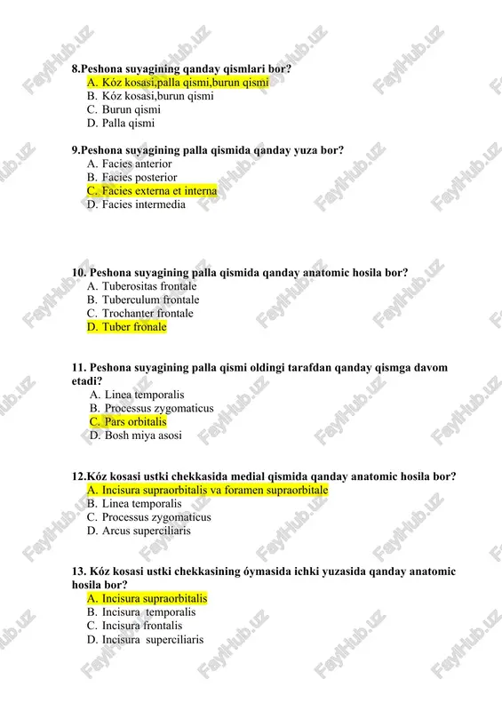 sh miya asosi 15. kóz kosasi ustki chekkasining ustki tarafida qanday anatomic hosila joylashgan? a. incura supraorbitalis va foramen supraorbitale b. linea temporalis c. processus zygomaticus d. arcus superciliaris 16.glabella peshona suyagining qaysi qismida joylashgan? a. incisura supraorbitalis va foramen supraorbitale orasida b. linea temporalis yonida c. processus zygomaticus uchida d. arcus superciliaris orasida 17.peshona suyagining miya yuzasida qanday anatomic hosila bor? a. sulcus sinus sagittalis inferior b. sulcus sinus sagittalis posterior c. sulcus sinus transverses d. sulcus sinus sagittalis superior 18. peshona suyagining qaysi qismi oldingi va pastki tarafdan peshona qirrasiga davom etadi? a. sulcus sinus sagittalis inferior b. sulcus sinus sagittalis posterior c. sulcus sinus transverses d. sulcus sinus sagittalis superior 19.peshona suyagida kór teshik qayerda joylashgan? a. ensa suyagi dómboǵi asosida b. peshona qirrasi asosida c. chakka suyagi pallasi ichki yuzasida d. tepa suyagi kóz kosasi qismida 20.bosh miya qattiq pardasining katta óroqsimon ósigining oldingi qismi birigadigan …