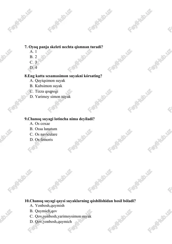 oysimon yuzasi tashqaridan nima bilan chegaralangan? a. crista acetabuli b. margo acetabuli c. tuber acetabuli d. facies acetabuli 16. quymich kosasining markazin kórsating? a. crista acetabuli b. fossa acetabuli c. tuber acetabuli d. facies acetabuli 17. quymich kosasining ustki tarafida nima joylashgan? a. crista acetabuli b. margo acetabuli c. sulcus supra acetabulari d. facies acetabuli 18.yonbosh suyagi lotincha nomin ayting? a. ossa scaphoideum b. os ilium c. os coxae d. os pubis 19.yonbosh suyagi qanday qismdan turadi? a. pastki yóǵonroq qanati va ustki keng tanasi b. pastki yóǵonroq qiri va ustki keng qanoti c. pastki ingichka qanoti va ustki yóǵon tanasi d. pastki yóǵonroq tanasi va ustki keng qanoti 20. yonbosh suyagining qanoti lotincha nomin ayting? a. ala ossis ilii b. crista iliaca c. labium iliaca d. arcus iliaca 21.yonbosh suyagining qanoti tepadan nima bilan tugaydi? a. linea glutea superior b. crista iliaca c. margo iliaca d. tuberculum iliaca 22.yonbosh …