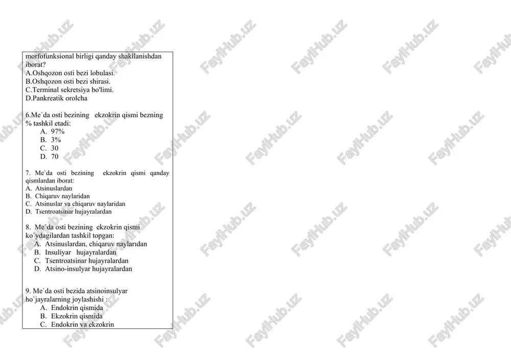 ing gomogen zonasining bazofilligi nimaga bog`liq: a. zimogen donachalarga b. golji kompleksiga c. ribosomalarga d. mitoxondriyalarga 13. me`da osti bezining ekzokrin qismida uchraydigan ho`jayralar: a. bosh ho`jayralar b. parietal ho`jayralar c. pankreototsit ho`jayralar d. jiyakli ho`jayralar 14. me`da osti bezida oralash sekretsiyaga ega: a. qadaqsimon hujayralar b. sentroatsinoz hujayralar c. endokrin hujayralar d. atsino-insulyar hujayralar 15. me`da osti bezining bo`lakcha ichi naylari qanday epiteliydan turadi: a. bir qavatli yassi epiteliy b. bir qavatli tsilindrik epiteliy c. bir qavatli kubsimon epiteliy d. bir qavatli bir qatorli epiteliy 16. me`da osti bezining sekretsiyası: a. merokrin b. golokrin c. apokrin d. mikroapokrin 17. me`da osti bezining atsinotsitlarindagi sekretor tsiklning 1 fazası: a. tayyor sekret maxsulotining prozimogen va zimogen xolida yig`ilishi; b. donador endoplazmatik to`rda sintez bo`lishi; c. sekretning gol`ji kompleksida «etilishi»; d. fermentlar sintezi uchun zarur bo`lgan oddiy birikmalarning ho`jayraga kirishi; 18. me`da osti bezining atsinotsitlarindagi sekretor tsiklning 2 fazası: a. tayyor sekret …