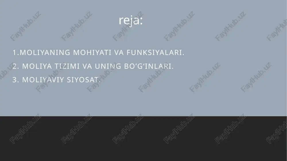 oliya munosabatlarini emas, balki moliyaga taalluqli siyosiy, tashkiliy munosabatlarni ham qamrab oladi. moliya tizimi iqtisodiy tizimning muhim unsuri, uning yordamida iqtisodiyot tartiblanadi, iqtisodiy oʻsish ragʻbatlantiriladi. 18.10.2025 davlat moliyasi va mahalliy moliya quyidagi bo’g’inlardan iborat : davlat budjeti; maqsadli nobudjet fondlari; davlat krediti. 18.10.2025 moliya tizimi xo’jalik subyektlari moliyasi uy xo’jaliklari moliyasi davlat moliyasi davlat budjeti davlatning budjetidan tashqari maqsadli jamg’armalar davlat krediti davlat korxonalari moliyasi tijorat asosida faoliyat yurituvchi korxonalar moliyasi notijoorat faoliyatini amalga oshiruvchi muassasa va tashkilotlar moliyasi jamoat tashkilotlari moliyasi 18.10.2025 moliyaviy siyosat davlatning iqtisodiy va ijtimoiy rivojlanishini ta’minlash yuzasidan moliyaviy resurslar bilan ta’minlashga qaratilgan siyosat. e’tiboringiz uchun raxmat 18.10.2025 image1.jpeg image2.jpeg image3.jpeg image4.png image5.png image6.jpeg image7.jpeg image8.png /docprops/thumbnail.jpeg
