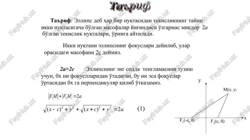 yax a =- 2 2 ss e a a == a e 2 aa x cc =±=± 2 2 1 94 u x += x y m( x, y ) f 2 ( - c ; 0) f 1 ( s ; 0 ) ta'rif : giperbola deb h ar bir nu q tasidan tekislikning tayin ikki nu q tasigacha bo'lgan masofalar ayirmasining absalyut q iymati o'zgarmas mi q dor a 2 bo'lgan tekslik nu q talarining geometrik o'rniga aytiladi. ikki nu q tani giperbola fokuslari deb, ular orasidagi masofani 2s deymiz. a m f m f 2 2 1   a y c x y c x 2 ) ( ) ( 2 2 2 2        (*) (*) – giperbola tenglamasi. 2 2 2 2 ) ( 2 ) ( y c x a y c x     …
