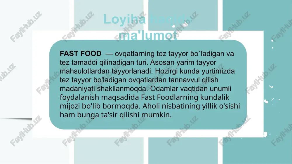 va soliq 7 marketing strategiyasi: xizmatni yaxshilash bo'yicha takliflar: business business ijtimoiy tarmoqlar bannerlar joylashtirish flaerlar tarqatish fas foodni ochilish marosimi — 15 million (boshlang'ich oy uchun) hamkorlikda faoliyat yuritish aksiya va chegirmalar chiroyli atmosfera yaratilishi mehnatkash xodimlar rag'batlantirilishi 8 foyda va zarar umumiy hisoboti e'tiboringiz uchun raxmat tayyorladi: shukurova sevara 10 image1.png image2.png image3.png image4.png image5.png image6.png image7.jpeg