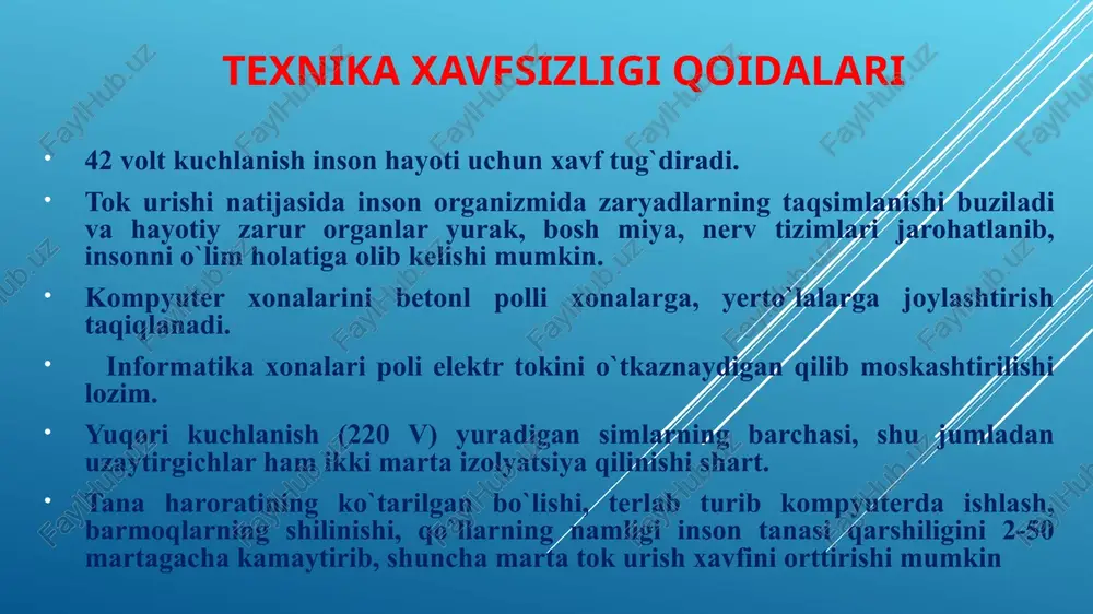 g`lig`i uchun xavfli emas va ular qurilmadan tashqariga tarqalmaydi. elektromagnit va lazer nurlanishlar lazerli printerlar kukuni tarkibiga zaharli moddalar qo`shiladi, ular qog`ozga tushirilayotgan paytda kuydiriladi va zararsizlantiriladi. printerga tiqilib qolgan qog`oz sug`urib olinganda undagi kukunning bir qismi kuydirilmagan bo`ladi va havoga chang tarzida tarqaydi, kiyim va teriga yuqib, inson organizmiga kirib borishi mukin. bunday chala kuydirilgan qog`ozlarni qarovsiz qoldirish, ulardan boshqa maqsadlarda foydalanish va ahlat qutilariga tashlash mumkin emas. ularni darhol avvaldan tayyorlab qo`yilgan yupqa sellofan yoki qog`oz paketlarga joylash va tashqariga olib chiqib kuydirib tashlash lozim. sanitariya-gigiyena talablari kompyuter monitori o`tirgan foydalanuvchilar ko`zlari darajasidagi balandlikda bo`lib, foydalanuvchilar undan 40-80 sm masofada o`tirishlari lozim. kompyuterda ishlash vaqti o`quvchilar uchun 30 daqiqadan oshmasligi lozim. kompyuter xonasining kvadrat metri unda joylashgan kompyuterlar sonidan 6 marta ko`p bo`lishi lozim. kompyuter klaviaturasida iflos qo`llar va o`stirilgan tirnoqlar bilan ishlash mumkin emas. e`tiboringiz uchun raxmat