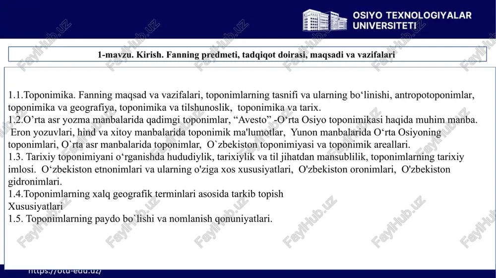 lshunoslik, toponimika va tarix. muayyan xalqlar biror hududdan ko‘chib ketsa ham, daryolar, ko‘llar, shaharlarga ular bergan nomlar saqlanib qolgan. toponimika xalqlarning qaysi millatga tegishli ekanini aniqlab beradi. geografik nomlar kartaning eng muhim elementi bo‘lib, biror mamlakat yoki o‘lka tabiatining xususiyatlarini aks ettiradi. 1.1.toponimika. fanning maqsad va vazifalari, toponimlarning tasnifi va ularning bo‘linishi, antropotoponimlar, toponimika va geografiya, toponimika va tilshunoslik, toponimika va tarix. 4 shu bilan birga, joy nomlari jamiyat tarixi bilan ham chambarchas bogliq. har bir joyning bir necha xususiyati bo‘lishi mumkin. mazkur xususiyatlardan birini tanlash jamiyatning talabiga, uning taraqqiyot darajasiga bog’liq. xalqlar muayyan joylarga ko‘chganlarida yangi yashash joylariga nom beradilar, ba’zan avval istiqomat qilgan joy nomini yangi joylariga ham beradilar. toponimlarning muhim xususiyatlaridan biri ularning takrorlanib turishidir. 1.1. toponimika. fanning maqsad va vazifalari, toponimlarning tasnifi va ularning bo‘linishi, antropotoponimlar, toponimika va geografiya, toponimika va tilshunoslik, toponimika va tarix. bu holni biz aqsh shaharlari, yevropaning turli davlatlari shaharlari nomi bilan …