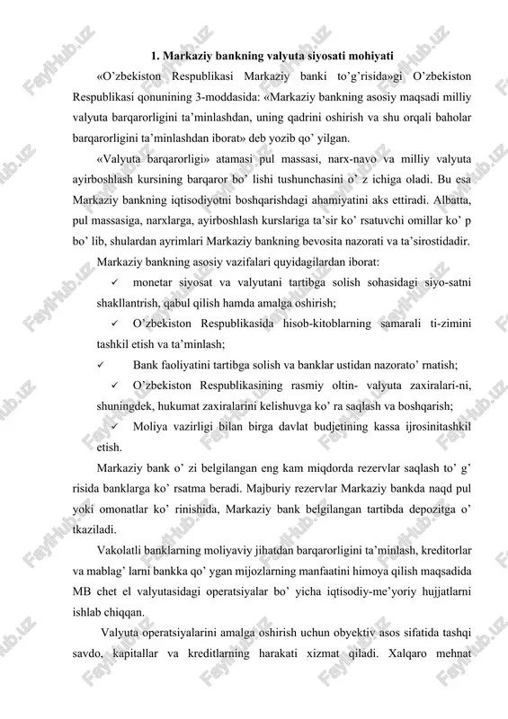 obyektiv asos sifatida tashqi savdo, kapitallar va kreditlarning harakati xizmat qiladi. xalqaro mehnat taqsimotining yuzaga kelishi va rivojlanishi eksport-import operatsiyalarining yuzaga kelishi va takomillashishiga asosiy sabab bo’ ladi. valyuta operatsiyalarining keng ko’ lamda rivojlanishi markaziy banklarga ushbu bozorda erkin harakat qilishga va ayni vaqtda ularni tartibga solishga imkon yaratdi. markaziy bankning valyuta operatsiyalarini amalga oshirishga imkon beruvchi bir qator asoslar mavjud bo’ lib, ulardan asosiylari sifatida quyidagilarni ajratib ko’ rsatish mumkin: a) markaziy bankning yetarli miqdorda oltin- valyuta zaxiralariga ega bo’ lishi. bizga ma’lumki, ko’ plab rivojlangan davlatlarda, xususan, aqsh, germaniya, avstriya, buyuk britaniyada davlatga tegishli barcha oltin- valyuta zaxiralari markaziy (federal, rezerv) bank balansiga o’ tkazilgan. markaziy bankning vazifasi ushbu rezervlardan oqilona foydalanish bilan birga ularni oshirib borish hisoblanadi. demak, u o’ z balansida chet el valyuta zaxiralariga suyangan holda, hukumat tomonidan belgilangan valyuta siyosati doirasidagi barcha operatsiyalarni amalga oshiradi. masalan, valyuta investitsiyasini amalga oshirish uchun valyuta kursining tebranishlariga …