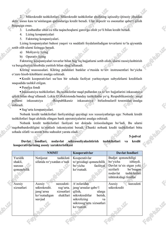 kredit olish uchun kredit tarixini yaratish vositasi ham hisoblanadi. dunyo tajribasiga ko‘ra moliya tashkilotlari uchta guruhga bo‘linadi: · rasmiy institutlar; · yarim rasmiy institutlar; · norasmiy institutlar. rasmiy moliya institutlari mikromoliya xizmatlari ko‘rsatib, ularning faoliyati umumiy qonunchilik bilan birga banklarning regulyativ qoidalari bilan tartibga solinadi. shuning uchun bunday moliya institutlari banklar singari nazorat kilinadi. yarim rasmiy moliya institutlari umumiy qonunchilikka bo‘ysunadilar, lekin ularning faoliyati banklarning regulyativ qoidalari bilan tartibga solinmaydi. norasmiy institutlarga esa umumiy tijorat hamda banklar qonunchiligi ko‘llanilmaydi. xalqaro amaliyotda nobank kredit tashkilotlariga quyidaglar kiradi: 1. kredit uyushmalari. ular faqat o‘z-o‘zlariga depozit qabo‘l qiladi va o‘z-o‘zlariga kredit beradi. 2. mikrokredit tashkilotlari. mikrokredit tashkilotlar aholining iqtisodiy-ijtimoiy jihatdan aktiv ammo kam ta‘minlangan qatlamlariga kredit beradi. ular depozit va omonatlar qabo‘l qilish huquqiga emas. 3. lombardlar oltin va tilla taqinchoqlarni garovga olish yo‘li bilan kredit beradi. 4. lizing kompaniyalari 5. faktoring kompaniyalari. lizing kompaniyalari bahosi yuqori va muddatli foydalaniladigan tovarlarni to‘la qiymatda …