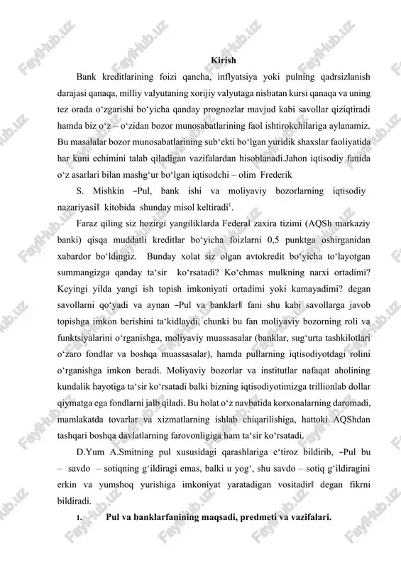 ul xususidagi qarashlariga e‘tiroz bildirib, ―pul bu – savdo – sotiqning g‘ildiragi emas, balki u yog‘, shu savdo – sotiq g‘ildiragini erkin va yumshoq yurishiga imkoniyat yaratadigan vositadir‖ degan fikrni bildiradi. 1. pul va banklarfanining maqsadi, predmeti va vazifalari. bozor munosabatlarining yuqori sur‘atlarda rivojlanib borishi har bir sub‘ektning pul, banklar, kredit va moliyaviy bozorlarning dastagi bo‘lgan moliyaviy instrumentlar hamda ularda yuzaga keladigan o‘zgarishlarga munosabati va qiziqishlarini kuchaytirib boradi. chunki, bozor mexanizmi iqtisodiyot talablaridan kelib chiqib tez o‘zgarib, yangilanib turadi va shular asosida u mamlakat iqtisodiyotining har tomonlama rivojlanib borishi yo‘nalishlarini belgilab beruvchi doimiy harakatda bo‘lgan dastak hisoblanadi. bizni doimo pulning to‘lov yoki sotib olish qobiliyati yildan yilga oshadimi yoki pasayadimi? ehtiyojimizdan ortiq pulimizni bankga omonotga qo‘ysak u bizga har oyda yoki yilda necha foiz daromad beradi, mabodo ularni qimmatli qog‘ozlarga qo‘ysak – qaysi turdagi va qaysi emitentning qimmatli qog‘ozlari bizga yuqori daromad berishi mumkin? rossiyalik iqtisodchi olimlar ham pulning iqtisodiy …