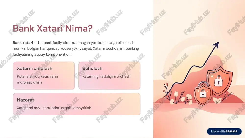 n xatolar 04 tashqi voqealar tabiiy ofat, sabotaj yoki boshqa tashqi jigaryolar https://gamma.app/?utm_source=made-with-gamma likvidlik xatari likvidlik xatari bank majburiyatlarini vaqtida bajarishlagi ayni pul yo'qligidan kelib chiqadi. fondlarni topish xatasi bankka moliya topishi qiyin bo'lsa, qimmatli aktivlarini tezda sotish zarur. bu etakchi zararlar keltirib chiqaradi. aktivlarni sotish xatasi tezda sotilgan aktivlar past narxda sotiladi. bank balansida etakchi zararlar paydo bo'ladi. likvidlik xatarini kamaytirish uchun bank qoida asosida suvni saqlab turishi zarur. https://gamma.app/?utm_source=made-with-gamma strategik xatar strategik xatar noto'g'ri biznes qarorlari, raqobatda ortiqcha, bozor o'zgarishlari va tashqi omillardan kelib chiqadi. sohta strategiya noto'g'ri harakat rejasi raqobat xatari bozorda yangi raqiblar paydo bo'lishi iqtisodiy o'zgarishlar iqtisodiy bo'him va inflatsiya siyosiy xatar davlat siyosatining o'zgarishi https://gamma.app/?utm_source=made-with-gamma huquqiy va me'yoriy xatar qonunchilikka rioya qilmaslik juda katta jazolanishlar va reputatsiya zarariga olib keladi. qonunchilik xatasi yangi qonunlarning qo'llanilishi va xalqaro standartlarga moslashish zarur bo'ladi. me'yoriy xatar davlatning bankka qoygan talablari to'g'ri bajarilmasa, jarima va litsenziyaning bekor qilinishi …