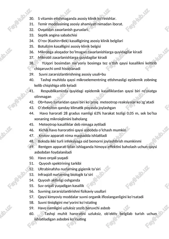 rlanish guruxlari. 33. septik angina sababchisi 34. o‘rov (kashin=bek) kasalligining asosiy klinik belgilari 35. botulizim kasalligini asosiy klinik belgisi 36. mikrobga aloqador bo‘lmagan zaxarlanishlarga quyidagilar kiradi 37. mikrobli zaxarlanishlarga quyidagilar kiradi 38. yuqori bosimdan me’yoriy bosimga tez o‘tish qaysi kasallikni keltirib chiqaruvchi omil hisoblanadi 39. suvni zararsizlantirishning asosiy usuli=bu 40. tashqi muhitda qaysi mikroelementning etishmasligi epidemik zobning kelib chiqishiga olib keladi 41. respublikamizda quyidagi epidemik kasalliklardan qaysi biri ro‘yxatga olinmagan 42. ob=havo turlaridan qaysi biri ko‘proq meteotrop reaksiyalar ko‘zg‘atadi 43. o‘zbeksiton qanday klimatik poyasda joylashgan 44. havo harorati 28 gradus namligi 63% harakat tezligi 0,05 m, sek bo‘lsa xonaning mikroiqlimini baholang 45. meteotrop kasalliklar deb nimaga aytiladi 46. kichik havo haroratini qaysi asbobda o‘lchash mumkin 47. krotov apparati nima maqsadda ishlatiladi 48. boksda ikki turli infeksiyaga oid bemorni joylashtirish mumkinmi 49. rentgen apparati bilan ishlaganda himoya effektini baholash uchun qaysi asbobdan foydalaniladi 50. havo orqali yuqadi 51. quyosh spektrining tarkibi …