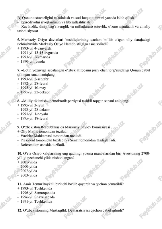 ni yanada isloh qilish - ijtimoiy sohani rivojlantirish - xavfsizlik, diniy bag‘rikenglik va millatlararo totuvlik, o‘zaro manfaatli va amaliy tashqi siyosat 5. o‘zbekiston respublikasi prezidentining 2017-yil 7-fevraldagi farmoni bilan 2017–2021-yillarda o‘zbekiston respublikasini rivojlantirishning beshta ustuvor yo‘nalishi bo‘yicha harakatlar strategiyasi tasdiqlandi. harakatlar strategiyasida davlat va jamiyat qurilishi tizimini takomillashtirishning 5 ta ustuvor yo‘nalishi keltirilgan. shundan to’rtinchi ustuvor yo’nalishni aniqlang? + ijtimoiy sohani rivojlantirish v) qonun ustuvorligini ta’minlash va sud-huquq tizimini yanada isloh qilish - iqtisodiyotni rivojlantirish va liberallashtirish - xavfsizlik, diniy bag‘rikenglik va millatlararo totuvlik, o‘zaro manfaatli va amaliy tashqi siyosat 6. markaziy osiyo davlatlari boshliqlarining qachon bo‘lib o‘tgan oliy darajadagi uchrashuvida markaziy osiyo hamdo‘stligiga asos solindi? + 1993-yil 4-yanvarda - 1991-yil 13-15-avgustda - 1993-yil 26-martda - 1990-yil iyunda 7. «lotin yozuviga asoslangan o‘zbek alifbosini joriy etish to‘g‘risida»gi qonun qabul qilingan sanani aniqlang. + 1993-yil 2-sentabr - 1992-yil 28-fevral - 1995-yil 10-may - 1995-yil 22-dekabr 8. «milliy tiklanish» demokratik partiyasi tashkil …