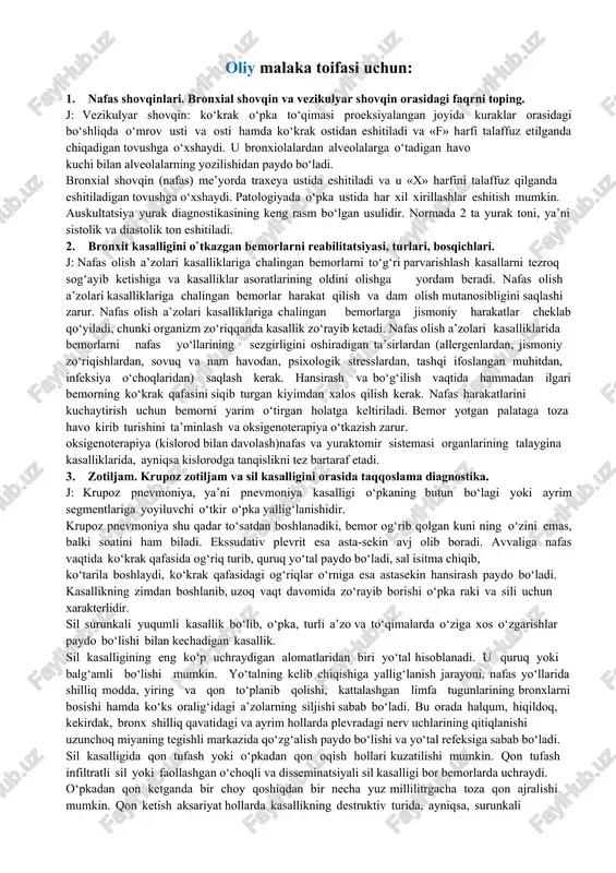 aygina kasalliklarida, ayniqsa kislorodga tanqislikni tez bartaraf etadi. 3. zotiljam. krupoz zotiljam va sil kasalligini orasida taqqoslama diagnostika. j: krupoz pnevmoniya, ya’ni pnevmoniya kasalligi o‘pkaning butun bo‘lagi yoki ayrim segmentlariga yoyiluvchi o‘tkir o‘pka yallig‘lanishidir. krupoz pnevmoniya shu qadar to‘satdan boshlanadiki, bemor og‘rib qolgan kuni ning o‘zini emas, balki soatini ham biladi. ekssudativ plevrit esa asta-sekin avj olib boradi. avvaliga nafas vaqtida ko‘krak qafasida og‘riq turib, quruq yo‘tal paydo bo‘ladi, sal isitma chiqib, ko‘tarila boshlaydi, ko‘krak qafasidagi og‘riqlar o‘rniga esa astasekin hansirash paydo bo‘ladi. kasallikning zimdan boshlanib, uzoq vaqt davomida zo‘rayib borishi o‘pka raki va sili uchun xarakterlidir. sil surunkali yuqumli kasallik bo‘lib, o‘pka, turli a’zo va to‘qimalarda o‘ziga xos o‘zgarishlar paydo bo‘lishi bilan kechadigan kasallik. sil kasalligining eng ko‘p uchraydigan alomatlaridan biri yo‘tal hisoblanadi. u quruq yoki balg‘amli bo‘lishi mumkin. yo‘talning kelib chiqishiga yallig‘lanish jarayoni, nafas yo‘llarida shilliq modda, yiring va qon to‘planib qolishi, kattalashgan limfa tugunlarining bronxlarni bosishi hamda …