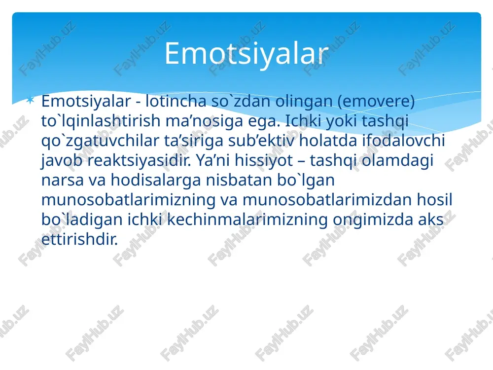 ida darak beruvchi signallar sistemasi hisoblanadi. ma’lum qo`zg`alishlar odam uchun xotirjamlik yoki notinchlik haqidagi fikrlarga aylanadi. ifodalangan xatti-harakat (mimika va pantomimika) signal funktsiyasini bajaradi. ular odamning kechinmalarini boyitadi, yorqinlashtiradi va boshqa odamlarning idrok kelishini engillashtiradi. signal funktsiyasi hissiyot olamda sodir bo`layotgan narsalardan shaxs sifatidagi odam uchun ahamiyatli bo`lganlari haqida darak beruvchi signallar sistemasi hisoblanadi. ma’lum qo`zg`alishlar odam uchun xotirjamlik haqidagi signalga aylanadi. hissiyotlarning boshqaruvchanlik funktsiyasi shunda namoyon bo`ladiki, barqaror kechinmalar bizning xulqimizni yo`naltiradi va qarama-qarshiliklarni engishga undaydi. boshqaruvchanlik funktsiyasi hissiyotlar o`zining yuzaga kelishi nuqtai nazaridan odamning ehtiyojlari, qiziqishlari va intilishlari bilan bog`liq bo`ladi. hissiyotlar darak beruvchilik (signallik), baholash va boshqaruvchilik vazifalarini bajaradi. emotsiyalar inson va hayvonlarning ular uchun ahamiyatli bo`lgan hodisalarga munosabatini aks ettiradi. hissiyotlar psixik faoliyatda uchta muhim vazifani: hissiyotning darak beruvchilik vazifasi-sub`ektning tashqi qo`zg`atuvchilarning yoqimli yoki yoqimsiz ekanligini bildirib vokealar rivoji davomida o`z hatti-harakatini qanday davom ettirish kerakligini aks ettiradi. darak beruvchilik vazifasi emotsiyalarda shaxsning alohida voqea va …