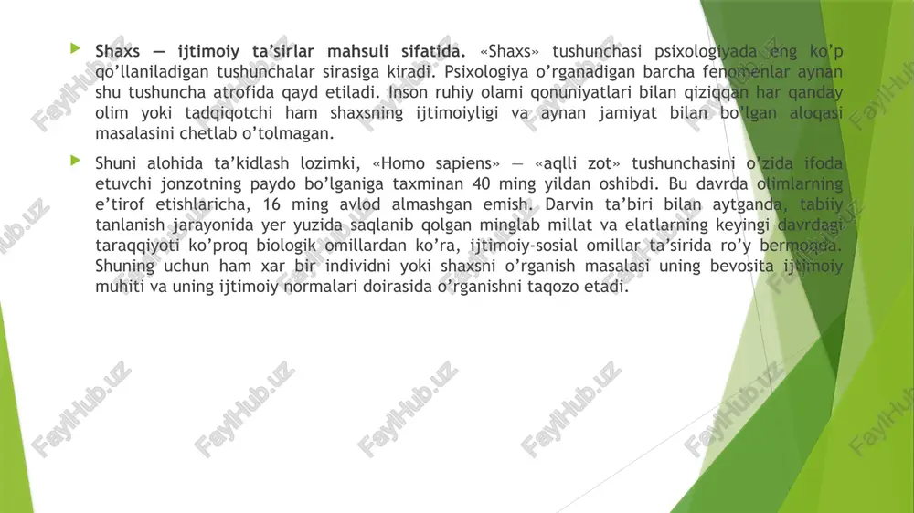 hunga o’xshash turli xil sezgilar va g’oyalarning assosiasiyasi ro’y beradi. sh a x s — ijtimoiy va shaxslararo munosabatlarning mahsuli, ongli faoliyatning subyekti bo’lmish individdir. shaxsga taaluqli bo’lgan eng muhim tasnif ham uning jamiyatdagi murakkab ijtimoiy munosabatlarga bevosita aloqadorlik, ijtimoiy faoliyatga nisbatan ham obyekt, ham subyekt bo’lishlikdir. ijtimoiy normalar, sanksiyalar va shaxs.ijtimoiy norma — shaxs hayotida shunday kategoriyaki, u jamiyatning o’z a’zolari xulq-atvoriga nisbatan ishlab chiqqan va ko’pchilik tomonidan e’tirof etilgan xarakatlar talablaridir. masalan, o’zbeklar uchun biror xonaga kirib kelgan insonning kim bo’lishidan qat’iy nazar, «assalomu alaykum» deb kelishi — norma; o’quvchining o’qituvchi bergan topshiriqlarni bajarishi lozimligi — norma; xotinning er hurmatini o’rniga qo’yishi, qaynonaga gap qaytarmaslik — norma; avtobusda yoki boshqa jamoat transportida kichikning kattalarga, nogironlarga o’rin bo’shatishi — norma va hokazo. bu normalarni ayrim-alohida odam ishlab chiqmaydi, ular bir kun yoki bir vaziyatda ham ishlab chiqilmaydi. ularning paydo bo’lishi ijtimoiy tajriba, hayotiy vaziyatlarda ko’pchilik tomonidan e’tirof etilganligi fakti …