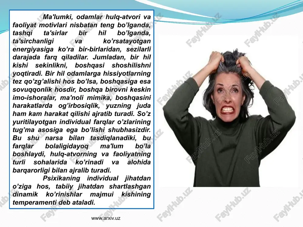 mlar tomonidan hilma-hil nazariyalar yaratildi. masalan, 18-asr ohirida yashagan immanuel kant qonning invidual xususiyatlari temperamentning tabiiy asosi hisoblanadi, degan edi. p. f. lesgaftning g’oyasi ham shu nuqtai nazarga yaqin edi. bu olim temperamentning asosida qon aylanishi (jumladan, qon tomirlari kengligi va tarangligi, ularning bo’sh joyi diametri, yurakning shakli va hokazolar) xususiyati yotadi deb yozgan edi. www.arxiv.uz yuragi keng, barqaror intilishlarga va kayfiyatlarga, doimiy va chuqur his-tuyg’ularga, harakatlari va nutqi bir hil maromda bo’lgan, ruhiy holati tashqi tomonda ifoda etiladigan kishi holerik deb ataladi. www.arxiv.uz nemis psixiatri z. krechmer individning psixik tuzilishi tana tuzilishiga, tananing umumiy konstruktsiyasiga to’g’ri keladi, degan edi. sezgilarli psixik aktivlikka ega bo’lgan, atrofda bo’layotgan voqealarga tez munosabat bildiruvchi, tassurotlarini hadeb o’zgartirishga intiluvchi, muvoffaqiyatsizliklar va ko’ngilsizliklarni nisbatan engil o’tkazib yuboruvchi, jonli, harakatchan, ifodali mimikasi va harakatlari bo’lgan kishi sangvinik deb ataladi. www.arxiv.uz ta'sirchan, chuqur kechinmali, gap ko’tara olmaydigan, ammo atrofdagi voqealarga unchalik e’tibor bermaydigan, o’zini to’htata oladigan harakatlar …