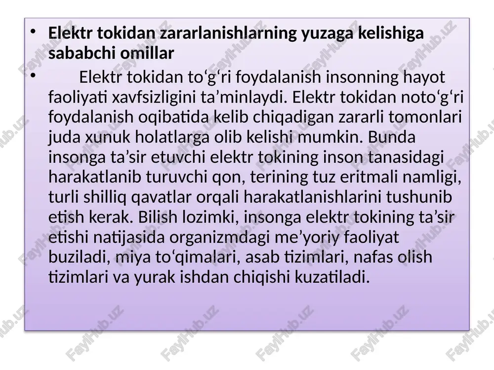orga me’yoridan ortiqcha kuchlanishlar ulanib qolishi; -elektr dastgohlaridagi avtouzgichlarning buzilib qolishi va buni o‘z vaqtida hisobga olmaslik; -1000 v dan yuqori kuchlanish hisobiga ishlovchi elektr qurilmalarida ishlovchi kishi bilan elektr qurilmasi o‘rtasida elektr yoy yuzaga kelishi. bular oldindan ishchiga ma’lum qilinishi, tok kattaligiga qarab ishchi va elektr qurilma oraliq masofasi - 15 kv da 0,7 metr, 220 kv da 3 metr bo‘lishligi saqlanishi zarur; -er sirtiga tok o‘tkazuvchi simlarning tegib qolishi natijasida qadam kuchlanishlarining paydo bo‘lib qolishi; -elektr dastgohlarini noto‘g‘ri montaj qilish; -elektr dastgohlarga ularning texnik pasportida ko‘rsatilgan elektr tokidan yuqori kattalikdagiga ulash; -mehnat sharoitlari bo‘yicha xonadagi namlikning ortib ketishi; -ishchining mas’uliyatsizligi, nazoratning susayishi, xavfsizlik texnikasi qoidalarining buzilishi; -tabiiy tusdagi favqulodda vaziyatlar yuzaga kelishi(shamol, suv toshqini, sel, zizila va hok.); -himoya vositalarining eskirib qolishi yoki dielektrik xossalarining kamayib ketganligi va shu kabi ishni tashkil etishdagi kamchiliklar. elektr tokidan zararlanishlar miqdorini kamaytirish uchun korxona ishchilari ongiga yuqoridagi tushunchalarni singdirish kerak. insonlarning …