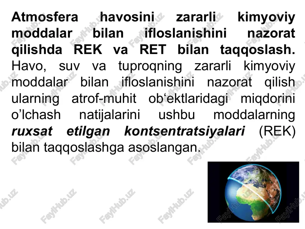 atsiya) kimyoviy birikmaning tuproqdagi taxminiy ruxsat etilgan konsentratsiyasi - trk hisoblash yo’li bilan belgilanadigan vaqtinchalik me‘yor bo'lib, amal qilish muddati 3 yilga teng. bume‘yorlar toksikologik bashoratining hisob-kitob va ekspress eksperimental usullari asosida ishlab chiqilmoqda.muddat tugaganidan keyin ular qayta ko’rib chiqilishi yoki rek o’zgartirilishi kerak. atmosfera ifloslanishini me'yorlash uchun sanoat va transportda ruxsat etilgan tashlamalar –ret me'yorlari belgilanadi. xar bir turg‘un manbalar uchun alohida ret me'yorlari tasdiqlanadi. ushbu me'yorga amal qilish havo ifloslanishining rek darajasida bo’lishini ta'minlaydi. atmosfera havosida ifloslovchi moddaning ruxsat etilgan kontsentratsiyasi (rek) -uning butun umri davomida hozirgi va keyingi avlodlarga to’g‘ridanto’g‘ri yoki bilvosita nohush ta‘sir ko’rsatmaydigan, insonning mehnat qobiliyatini pasaytirmaydigan, uning ahvolini va turmushining sanitariya-maishiy sharoitlarini yomonlashtirmaydigan kontsentratsiya-sidir. rek kattaliklari atmosfera havosi uchun 1 m3 havodagi moddaning mg. dagi miqdori (mg/m3) bilan ifodalanadi. ifloslovchi moddaning aholi turar joylari atmosfera havosidagi ttxd (ta‘sirning taxminiy xavfsizlik darajasi) aholi turar joylari atmosfera havosidagi ifloslovchi moddaning eng yuqori ruxsat etiladigan miqdoriy me‘yoridir. …
