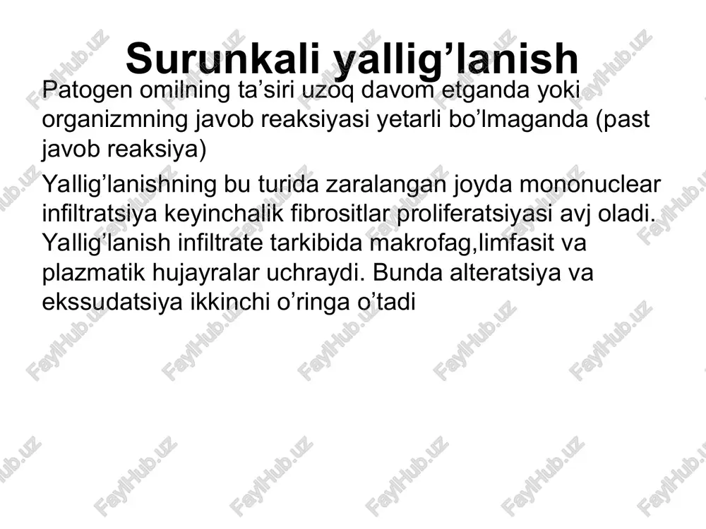 ot zarrachalar o'q yoki o'kadagi chang qum mato zarralari 3 autoimmun kasalliklar tug'ma neytrofil patologiyasi proliferativ yallig'lanish surunkali yallig'lanishda aktiv giperemiya, suyuqlikni ekssudatsiyasi va neytrofillar emigratsiyasi deyarli ko'zga tashlanmaydi. surunkali yallig'lanishning patogenezi o'tkir yallig'lanishning patogenezidan uzov vaqt davom etishi, immun javobni shakllanishi va regeneratsiya bilan farqlanadi. surunkali yallig'lanishni chaqiruvchi ko'pgina agentlar aksariyat hollarda to'qimada zo'rayuvchi, yirik nekroz o'choqlarini yuzaga keltiradi. bu o'choqlar o'rnini fibroz to'qima egallaydi. fibrozning to'qimalardagi o'rni surunkali yallig'lanishning davomiyligiga bog'liq. proliferativ yallig'lanish proliferativ yallig'lanish xar qanday a'zo va to'qimada rivojlanadi. proliferativ yallig'lanishning quyidagi turlari farqlanadi: oraliq (interstitsial); granulematoz; produktiv yallig'lanish (o'tkir uchli kondilomalar va poliplar hosil qiluvchi) yot moddalar atrofi yallig'lanish oraliq (interstitsial) proliferativ yallig'lanish oraliq (interstitsial) proliferativ yallig'lanish miokard, jigar, buyraklar va o'pkalar stromasida xujayraviy infiltratlarni hosil bo'lishi bilan xarakterlanadi. infiltrat tarkibiga sensibilizatsiyalangan limfotsitlar (antigen bilan faollashgan), plazmatik xujayralar, makrofaglar, to'qima bazofillari, yakka neytrofil va eozinofillar kiradi. bu xujayralar to'qimada diffuz tarqalgan bo'lib, granulemalarni shakllantirmaydi. oraliq …