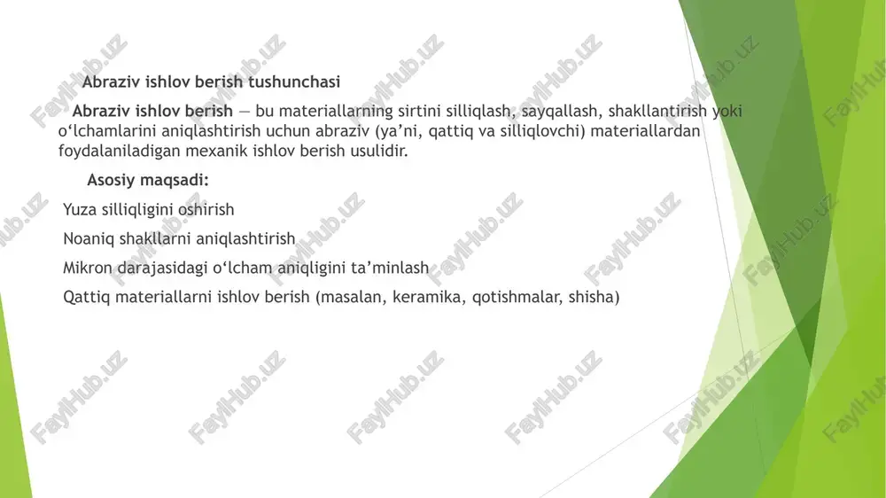 stun. silitsiy karbidi (sic): juda qattiq va mo‘rt abraziv, metall va keramika ishlovida keng qo‘llaniladi. bor nitridi (cbn): olmosdan keyin eng qattiq abraziv, ayniqsa po‘lat va qotishmalarni silliqlashda ishlatiladi. sun’iy olmos: yuqori aniqlik va qattiqlik talab qilinadigan ishlov berish jarayonlarida qo‘llaniladi. xususiyatlar tabiiy abrazivlar sun’iy abrazivlar manbasi yer osti, tabiiy sanoat ishlab chiqarish qattiqlik darajasi o‘rtacha – yuqori yuqori – juda yuqori narxi nisbatan arzon qimmatroq bir xillik kamroq yuqori qo‘llanish sohalari oddiy silliqlash, kosmetika murakkab mexanik ishlovlar tabiiy vs sun’iy abrazivlar— taqqoslash jadvali zamonaviy abraziv ishlov berish usullari zamonaviy abraziv ishlov berish texnologiyalari sanoatning turli sohalarida yuqori aniqlik, silliqlik va murakkab shakllarni yaratish imkonini beradi. bu usullar abraziv materiallar yordamida sirtni shakllantirish, tugatish yoki o‘zgartirishga qaratilgan. 1. superfinish (yuqori aniqlikdagi silliqlash) juda nozik abraziv materiallar bilan ishlov beriladi. mikron darajasidagi silliqlik va aniqlik ta’minlanadi. dvigatel qismlari, gidravlik komponentlar va rulmanlar uchun qo‘llaniladi. 2. elektrokimyoviy abraziv ishlov berish elektr tok …