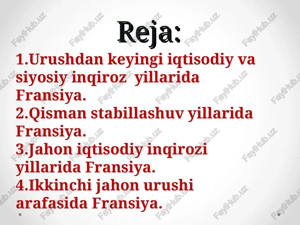 nsiya metallurgiya sanoati qudratini 75 foizga oshirdi. temir rudasi qazib chiqarish bo’yicha fransiya yevropada birinchi o’ringa chiqdi. qudratli banklar (“mirabo”, rodshildar oilasi, aka – uka lazarlar, malle kabi) paydo bo’ldi. sanoatning yetakchi tarmoqlarida “reno”, “sitroyen”, “pejo”, “simka” kabi ulkan kompaniyalar tashkil topdi. lekin boshqa sanoat tarmoqlari, ayniqsa, yengil sanoat orqada qoldi va 1939 yilgacha urushdan oldingi darajaga yetolmadi, mayda sanoat korxonalari esa avvalgidek ko‘p edi. jahon miqyosida fransiya sanoat mahsuloti ishlab chiqarish jihatidan boshqa bir qator yirik kapitalistik mamlakatlardan orqada qoldi. barcha kapitalistik mamlakatlarning birgalikda olgan umumiy sanoat mahsulotida fransiyaning hissasi 1913 yilda 7,2% bo‘lsa, 1937 yilda 5,1% ni tashkil qildi, xolos. urush fransiya qishloq xo‘jaligiga og‘ir ta’sir qildi. aholining anchagina qismi (1936 yilgi ma’lumotiga ko‘ra 47,6%i) qishloq aholisi edi. urush dehqonlar o‘rtasida tabaqalanishni kuchaytirdi, vayron bo‘lgan mayda xo‘jaliklar hisobiga katta yer egaligi o‘sdi, yer maydonining ko‘p qismi yer egalari qo‘lida to‘plandi. urushdan keyingi davrda fransiya 1917 yil noyabridan beri …