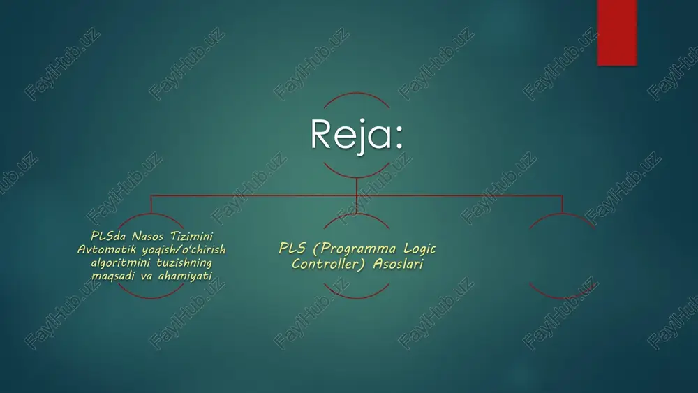 hbu muammolarni tizimli ravishda hal qiladi, tizimni aqlli, ishonchli va tejamkor qiladi. 4 pls (programma logic controller) asoslari pls sanoat avtomatlashtirishining miyasi hisoblanadi. u sensorlardan ma'lumotlarni qabul qiladi, mantiqiy amallarni bajaradi va aktuatorlarni (bizning holatda, nasoslarni) boshqaradi. kiritish modullari (inputs) datchiklardan (bosim, sath, harorat) keladigan analog va diskret signallarni qabul qiladi. bu nasos tizimining joriy holati haqidagi ma'lumot. markaziy protsessor (cpu) dasturni saqlaydi va mantiqiy amallarni bajaradi. nasosni yoqish/o'chirish to'g'risidagi qarorlar aynan shu yerda qabul qilinadi. chiqish modullari (outputs) kontaktorlar, chastota konvertorlari yoki signalizatsiya chiroqlari kabi aktuatorlarga boshqaruv signallarini (masalan, nasosni yoqish) yuboradi. "pls tezkorlik, ishonchlilik va dasturlash imkoniyatini ta'minlaydi, bu esa murakkab sanoat jarayonlarini avtomatlashtirish uchun uni ideal vositaga aylantiradi." 5 nasos tizimining komponentlari va ishlash printsipi avtomatik boshqaruv algoritmini tuzishdan oldin, tizimning asosiy qismlarini va ularning funksiyalarini tushunish muhimdir. nasos agregati suyuqlikni harakatlantiruvchi asosiy element. elektr motor va nasosdan iborat. bosim datchigi (sensor) tizimdagi bosimni doimiy ravishda o'lchaydi …